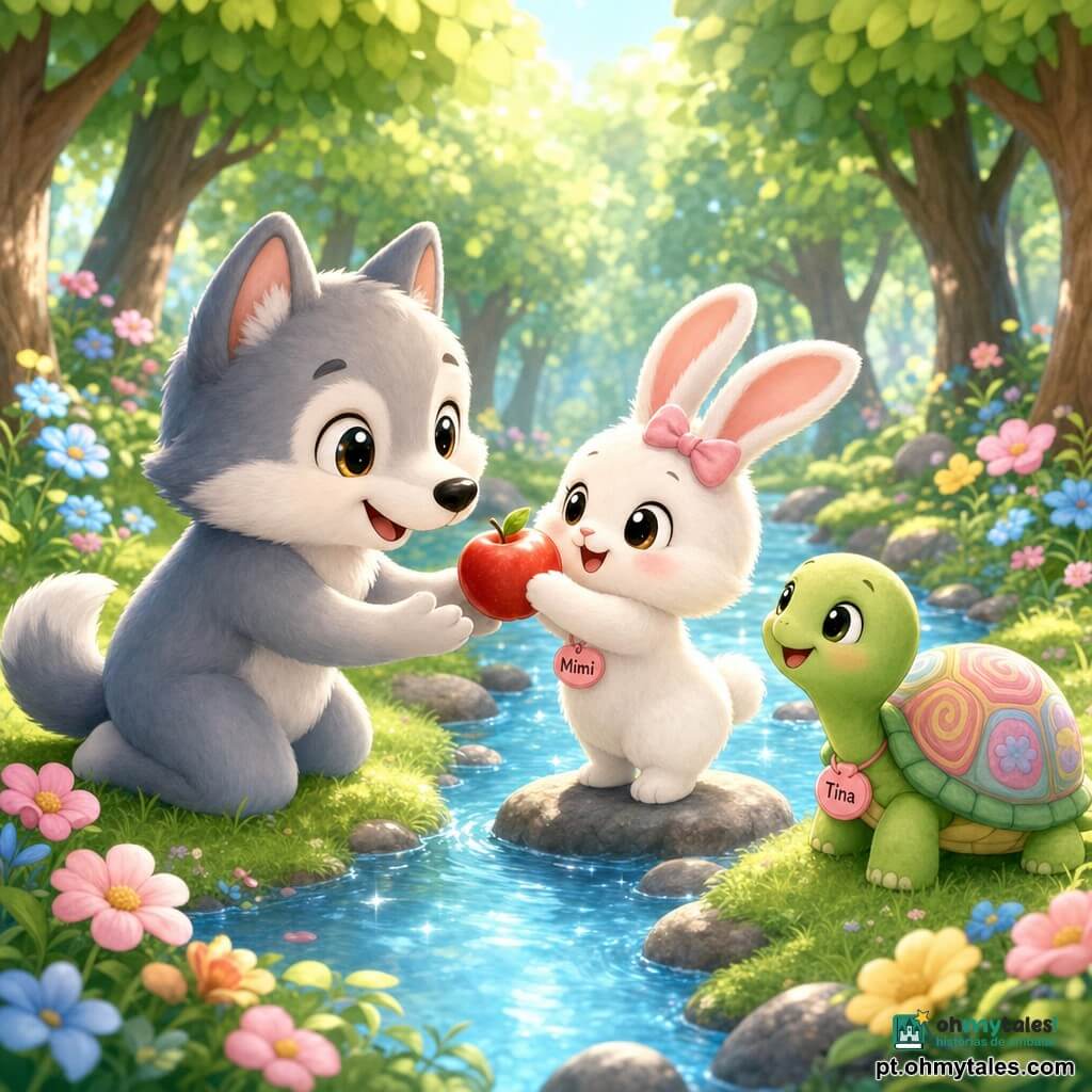 Um lobo chibi fofo e arredondado de pelagem cinza-claro com toques brancos e grandes orelhas, de olhar doce e sorriso gentil, ajoelhado à beira de um pequeno ribeiro estendendo a pata para apanhar uma maçã vermelha brilhante que o coelho branco Mimi, de pelagem macia e olhos redondos, segura com alegria sobre uma pedra baixa no meio do ribeiro; uma tartaruga verde chamada Tina, com carapaça de padrões coloridos, avança lentamente pela relva sorrindo. Cena numa floresta mágica ensolarada com relva macia, flores coloridas, ribeiro azul claro cintilante e árvores de folhas arredondadas, luz suave e tons pasteis, composição centrada na amizade, ajuda e partilha em torno da maçã.