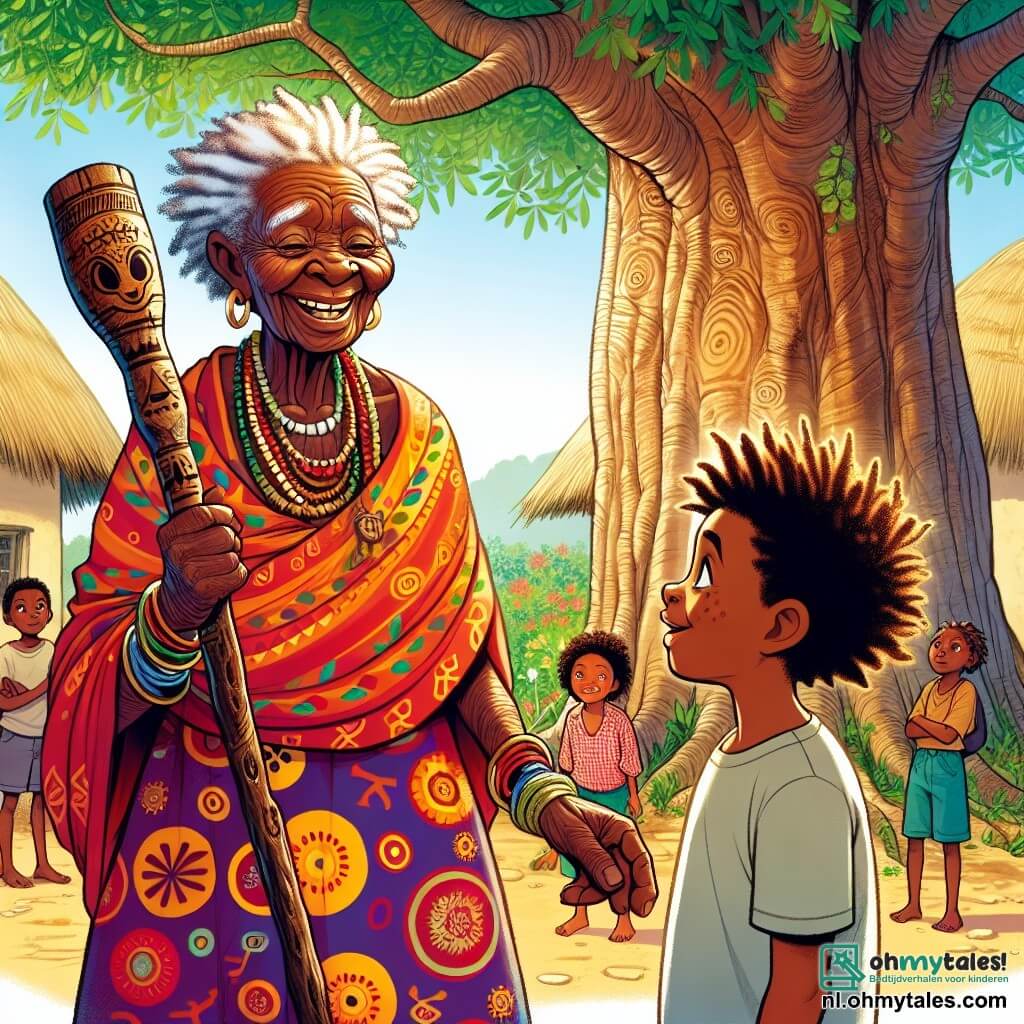 Een oudere vrouw, Mama Nia, staat onder een enorme baobab, haar gezicht straalt wijsheid en zachtheid uit. Ze draagt een levendige jurk met Afrikaanse patronen in warme kleuren van rood en oranje, en een troostende glimlach verlicht haar gerimpelde gezicht. In haar hand houdt ze een oude stok versierd met dieren-symbolen, klaar om op avontuur te gaan. Naast haar kijkt een tienjarige jongen, Kofi, met krullend haar en sprankelende ogen vol enthousiasme naar Mama Nia met bewondering. Hij draagt een eenvoudig t-shirt en een korte broek, en lijkt ongeduldig om haar te vergezellen in haar zoektocht. Een groep kinderen uit het dorp, tussen de zes en negen jaar oud, staat iets verderop met nieuwsgierige en bezorgde gezichten, luisterend naar de woorden van Mama Nia. De scène speelt zich af in een pittoresk Afrikaans dorp met lemen huizen en rieten daken, omringd door weelderig groen en kleurrijke bloemen. De lucht is helderblauw met een paar donzige witte wolken. Mama Nia, vastberaden, bereidt zich voor om op zoek te gaan naar de verdwenen waterbron, terwijl Kofi en de andere kinderen haar hoopvol en opgewonden observeren, klaar om haar te helpen in dit magische avontuur.
