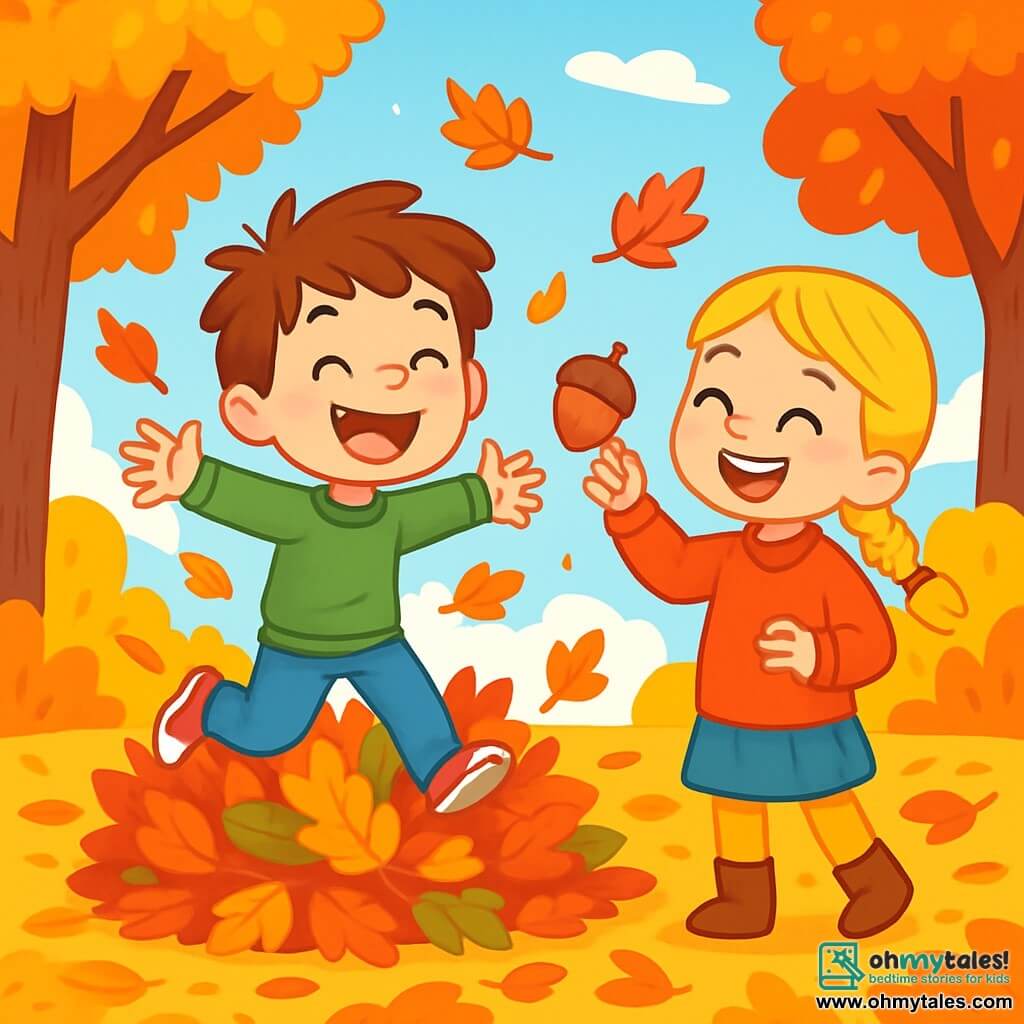 An 8-year-old boy named Max, with messy brown hair and a big joyful smile, is jumping into a pile of colorful autumn leaves, his arms wide and his eyes sparkling with excitement. Next to him, his best friend Lily, an 8-year-old girl with braided blonde hair and a red sweater, is laughing while holding an acorn in her hand, ready to throw it in the air. The setting is a vibrant autumn garden with trees displaying golden, orange, and red leaves, and a clear blue sky dotted with fluffy white clouds. A thick layer of crunchy leaves covers the ground around them, creating a colorful carpet. The main scene shows Max and Lily having fun together, surrounded by swirling leaves, capturing the magic and joy of autumn.