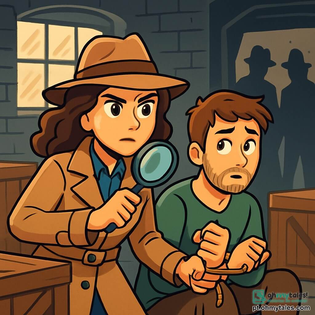 Uma detetive mulher, Mariana, na casa dos trinta anos, com cabelos castanhos ondulados e olhos vivos, veste um trench coat bege e um chapéu de feltro. Ela tem uma expressão determinada, observando seu entorno com uma intensidade cativante. Ao seu lado, Ricardo, um jovem de cerca de 25 anos, com cabelo castanho e barba de três dias, está se libertando de suas amarras, seu rosto marcado pela preocupação, mas também por um leve alívio. O cenário é um velho armazém, com paredes de tijolos cinzas e janelas empoeiradas que deixam passar uma luz suave. Caixas de madeira estão espalhadas ao redor, e um cheiro de metal e madeira velha paira no ar. A situação principal mostra Mariana, pronta para defender Ricardo, enquanto eles se preparam para escapar de duas silhuetas ameaçadoras que se desenham na sombra, adicionando uma tensão palpável à ilustração.