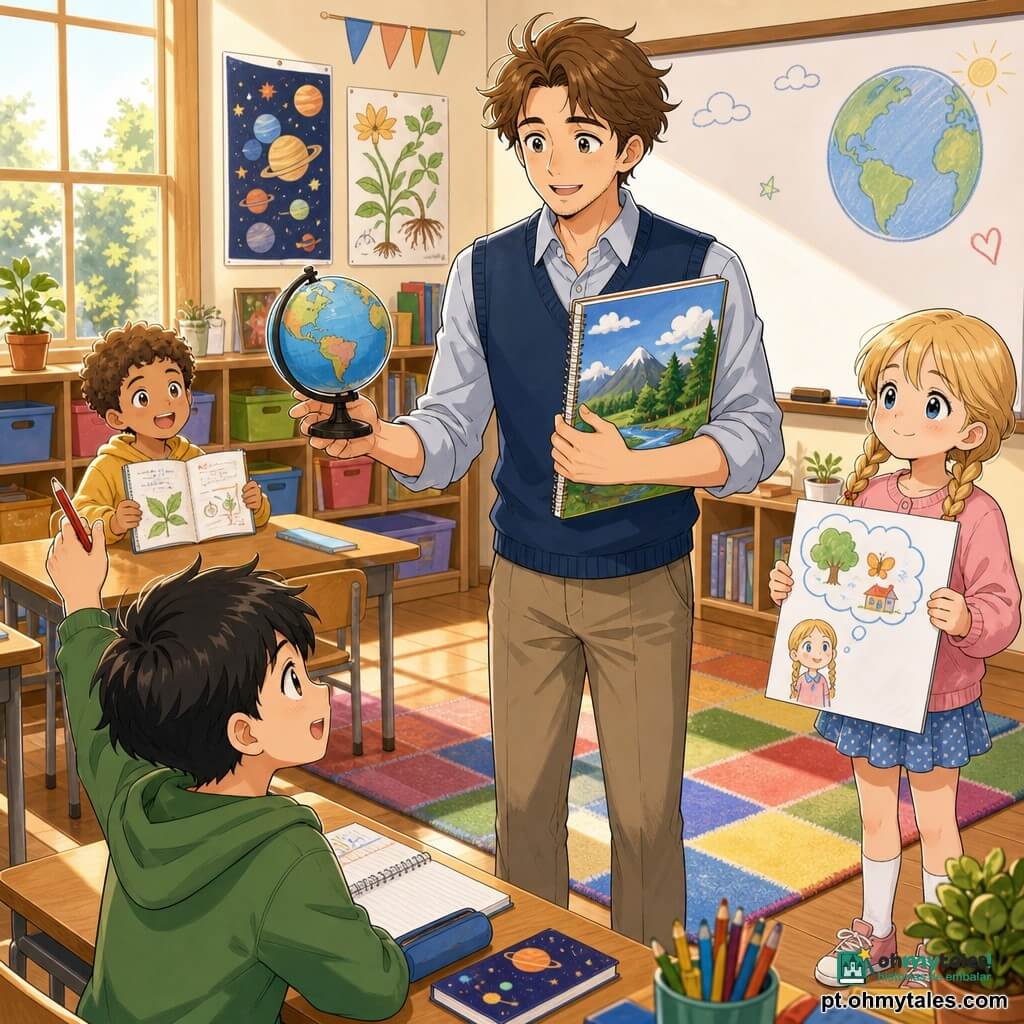 Um professor de cerca de 30 anos, cabelo castanho meio despenteado, olhar benevolente e sorriso suave, veste colete azul e camisa clara, segura um pequeno globo e um grande caderno colorido em frente a um quadro branco; um menino de 9 anos, cabelo preto curto, expressão concentrada, sentado na primeira fila à esquerda, levanta a mão com um lápis vermelho; uma menina de 8 anos, cabelos loiros em duas tranças, tímida mas entusiasmada, está junto ao tapete de leitura à direita segurando um desenho com balões de pensamento; outro menino de 7 anos, pele morena e cabelos encaracolados, sorri mostrando um caderno aberto sentado numa mesa ao fundo; sala iluminada com janelas grandes e sol dourado, paredes com pôsteres de planetas e plantas, prateleiras de madeira com caixas coloridas e um grande tapete xadrez perto do quadro; cena de ensino paciente com gestos suaves, crianças participando, ambiente caloroso e organizado, cores pastel, traços limpos e estilo manga infantil com olhos expressivos e proporções levemente caricaturais.