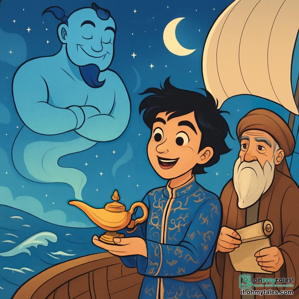Omar, un giovane con occhi neri pieni di curiosità, si trova sul ponte della nave "Stella d’Oriente", con un sorriso meravigliato sul volto. Indossa una tunica in seta blu profondo, decorata con motivi dorati, e i suoi capelli neri fluttuano leggermente al vento marino. Accanto a lui, il Saggio Ishram, un uomo di circa 70 anni con una lunga barba argentata e occhi saggi, osserva il mare con un'espressione pensierosa. Indossa una veste tradizionale dai colori terrosi e tiene un rotolo di pergamena in mano, pronto a condividere la sua saggezza. La nave scivola su onde scintillanti sotto un cielo stellato, mentre la luna illumina il paesaggio con una luce argentata. Le vele bianche si gonfiano, creando un'atmosfera di magia e avventura. La scena principale mostra Omar che scopre una lampada d'ottone, che tiene con meraviglia, mentre un nube di fumo azzurro si alza dalla lampada, rivelando uno spirito misterioso. L'aria è carica di eccitazione e mistero, promettendo un'avventura incredibile in arrivo.