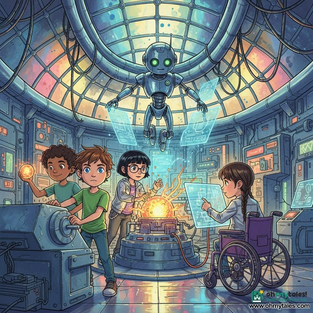 Five characters in a futuristic Central Node chamber: Leo, 11, tousled hair and bright blue eyes in a green T‑shirt turns a large metal dial on a glowing console at center‑left; Zara, 11, short black hair and thin glasses in a silver jacket taps a blue holographic panel just right of Leo; Raj, 11, dusky skin and curly hair smiles dreamily while holding a small orange glowing sphere toward the machine behind and left of Leo; Mia, 11, braided hair in a modern wheelchair wearing purple plugs a phosphorescent cable into the console near Zara; and R3N, a polished silver guide robot with expressive green LED eyes and thin articulated arms, floats above projecting holographic schematics — they repair the pulsing yellow‑and‑red energy core amid sparking cables, flashing screens and fine steam in a vaulted glass‑ceiling room with luminous wall panels, silver pipes and cyan‑magenta light beams, the polished metal floor reflecting neon and silhouettes, tense but cooperative atmosphere with dramatic warm and cool lighting.
