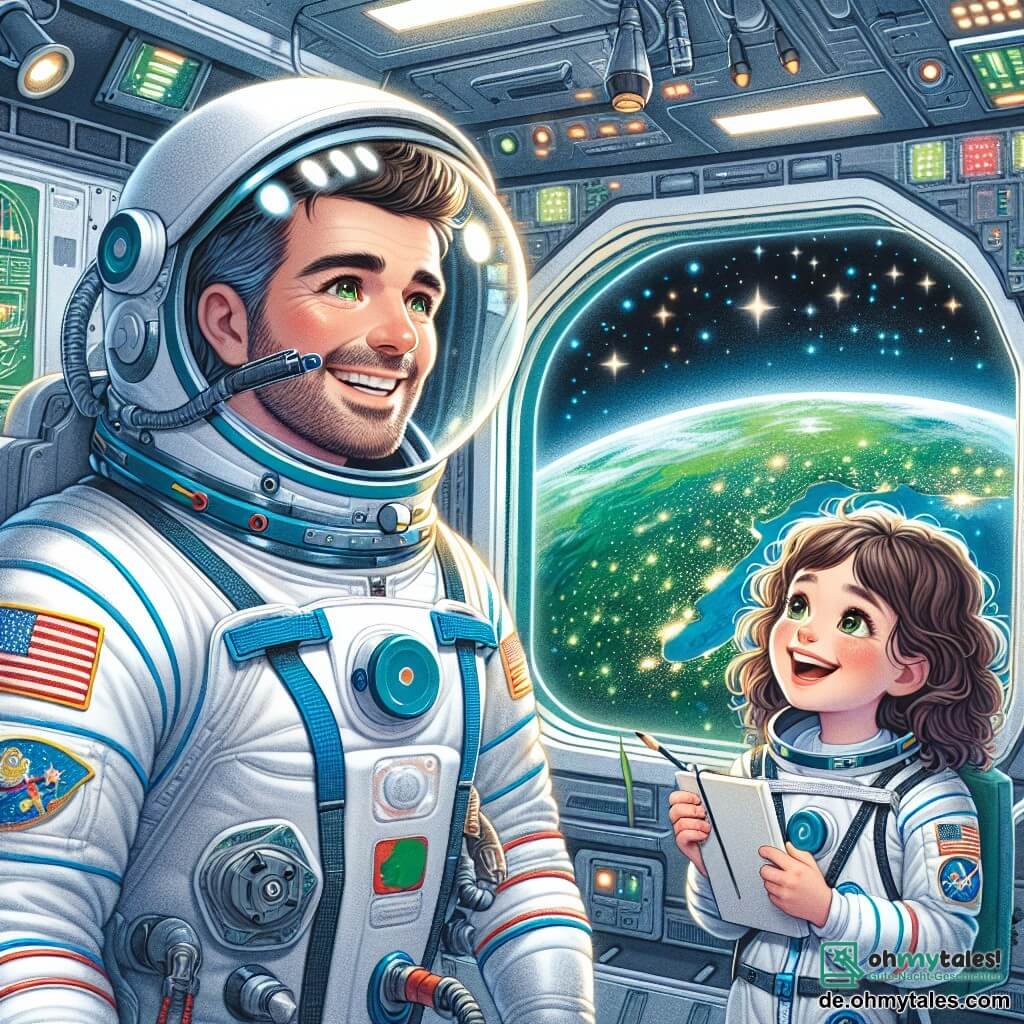 Ein etwa dreißigjähriger männlicher Astronaut mit einem glänzenden Helm und einem weißen Raumanzug, der mit Fahnen verziert ist, steht vor einem großen Fenster der Raumstation. Sein Gesicht drückt Staunen und Freude aus, seine Augen funkeln, während er die blaue und grüne Erde unter sich betrachtet. Neben ihm beobachtet ein achtjähriges Mädchen mit lockigem braunem Haar fasziniert. Sie trägt einen Miniaturraumanzug und hält ein kleines Skizzenheft, bereit, das Gesehene zu zeichnen. Der Ort ist das Innere der Raumstation, mit technologischen Paneelen, blinkenden Lichtern und Panoramafenstern, die einen spektakulären Blick auf den sternenübersäten Raum bieten. Die Hauptsituation zeigt den Astronauten und das Mädchen, die einen magischen Moment teilen, fasziniert von der Schönheit der Erde und der Sterne, was die Bedeutung des Träumens und der gemeinsamen Erkundung des Universums symbolisiert.
