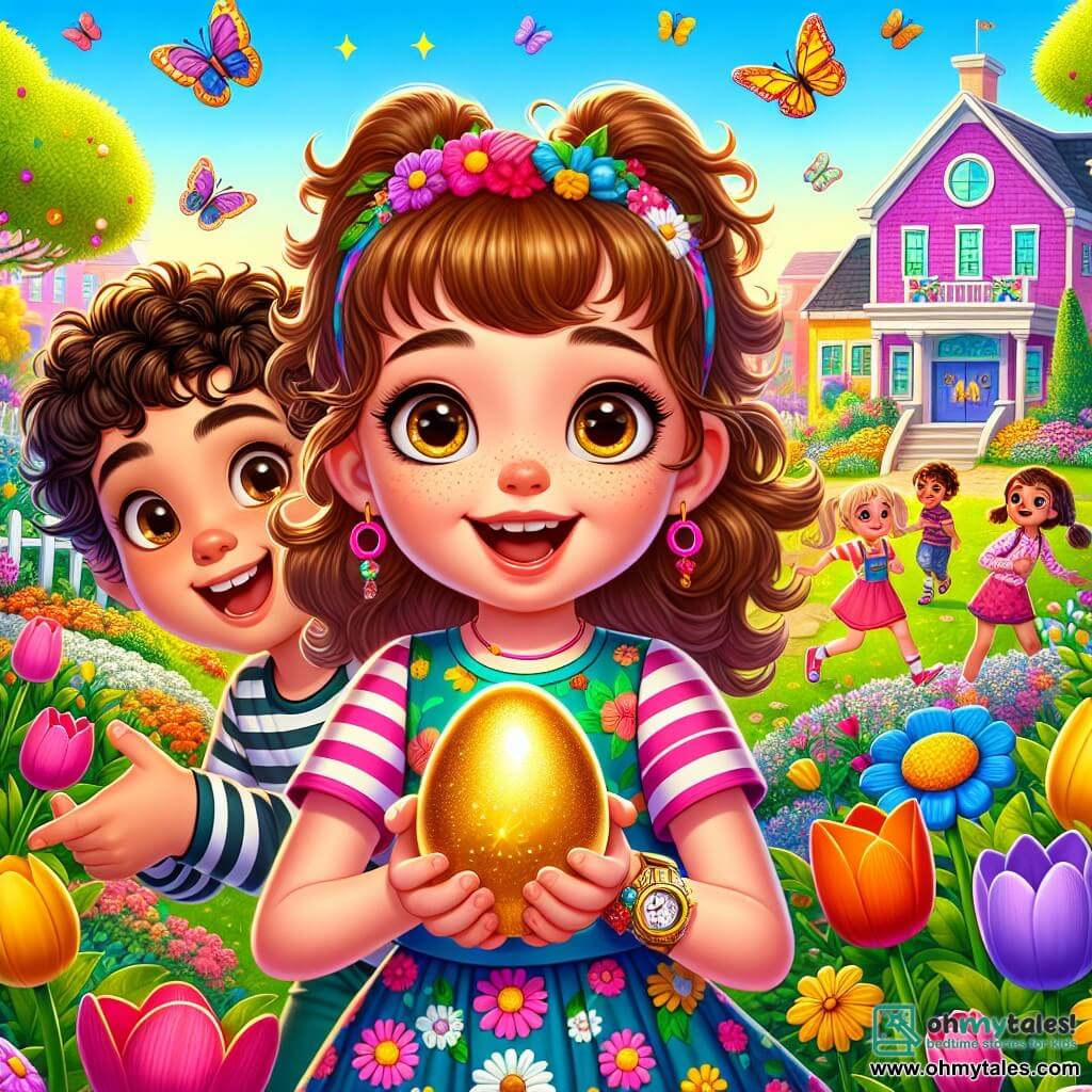 A 10-year-old girl named Lily stands in the center of the image, with big bright eyes and curly brown hair, wearing a colorful dress adorned with floral patterns. She shows an expression of excitement and determination, holding a sparkling golden egg in her hands. To her right, her friend Ben, a 10-year-old boy with curly hair and a striped shirt, smiles joyfully while pointing to the flower garden behind them. On the left, Mia, a girl with pigtails and a pink dress, carefully examines a colorful map, ready to decipher clues. The setting is a vibrant spring garden filled with tulips, daisies, and butterflies fluttering under a clear blue sky. In the background, a large school with colorful walls can be seen, where children play and laugh. The scene depicts Lily, Ben, and Mia on a quest to find the precious golden egg, surrounded by vibrant flowers, creating a joyful and festive atmosphere that evokes the spirit of Easter.