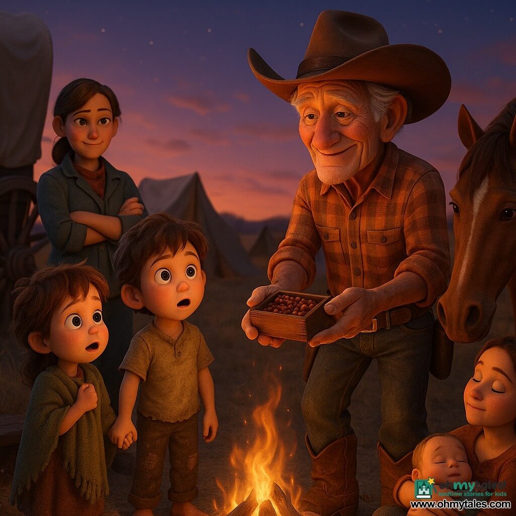 A gentle, wrinkled-faced cowboy in a wide brown leather hat and worn plaid shirt, dusty boots and tool belt, smiles warmly and offers a small box of beans to a camp family; a woman camp leader with a thin cheek scar and gray-blue canvas jacket stands near a broken wagon with arms crossed but grateful; an about-8-year-old boy with messy hair and muddy pants holds his roughly 5-year-old sister clutching a blanket, both amazed; a baby boy sleeps wrapped in a blanket in his mother's arms by the fire; the chestnut mare Maple nuzzles near the cowboy's boots, calm and loyal; the setting is a plains campsite at dusk with weathered wooden wagons, small canvas tents, a crackling campfire, yellowed grass and an orange-purple sky with early stars, as the cowboy offers his last ration and faces light up, the scene conveying warmth and solidarity in close, warm-toned compositions.