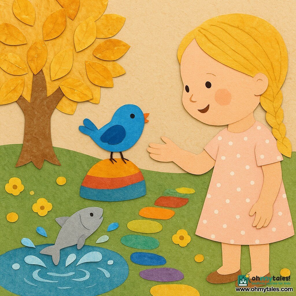 An adult woman named Lily, smiling and amazed with a round face and long braided blonde hair, in a pale pink polka-dot dress, reaches toward a bright blue bird perched on a rainbow stone as she follows it along a rainbow-stone path toward a large tree with golden, coin-like leaves and a textured kraft-paper trunk in a sunny meadow with yellow paper-circle flowers and a shimmering metal-paper pond where a small silver fish jumps, creating stylized blue-and-white paper-slice splashes; the scene is joyful and magical with vivid colors and simple, contrasting shapes.