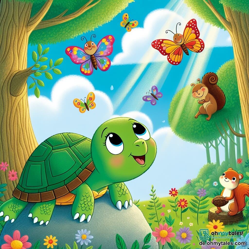 Eine kleine Schildkröte namens Tilly, mit einem glänzend grünen Panzer und funkelnden Augen vor Freude, sitzt auf einem großen Stein, lächelnd und träumerisch, und schaut in den blauen Himmel, der mit fluffigen Wolken bedeckt ist. Neben ihr fliegt Paul, ein bunter Schmetterling mit leuchtend roten und gelben Flügeln, fröhlich um sie herum, lacht und macht Pirouetten in der Luft. Weiter entfernt sitzt Lenny, ein Eichhörnchen mit golden-braunem Fell, auf einem Ast und hält eine Nuss in seinen kleinen Pfoten, bereit zu springen, um sich seinen Freunden anzuschließen. Die Szenerie ist ein wunderschöner verzauberter Wald, mit dicken Baumstämmen, bunten Blumen, die im Wind tanzen, und einem sanften Sonnenstrahl, der durch die Blätter filtert. In dieser Szene bereiten Tilly und ihre Freunde eine lustige Feier vor, lachen und haben Spaß zusammen, umgeben von der Schönheit der Natur.