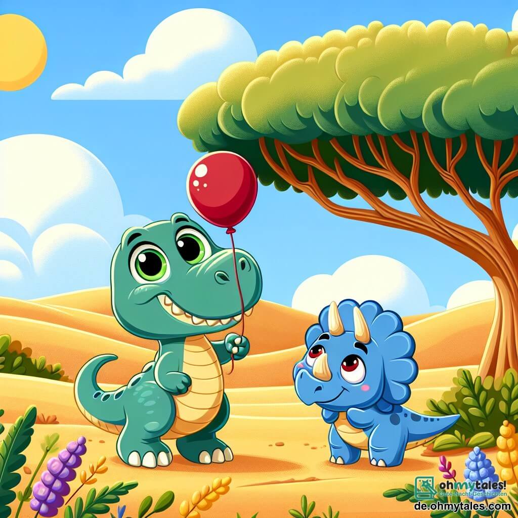 Ein kleiner Tyrannosaurus Rex namens Timmy, mit großen, funkelnden grünen Augen und einem kleinen lächelnden Mund, steht fröhlich unter einem großen schattigen Baum und hebt eine Pfote, um seine Freundin zu begrüßen. Neben ihm steht ein kleines Triceratops namens Tina, mit drei Hörnern auf der Stirn und einer hellblauen Haut, die Timmy mit einem dankbaren Lächeln ansieht und ihren roten Ballon in den Vorderpfoten hält. Die Szenerie zeigt eine weite Fläche aus goldenen Dünen, gespickt mit grünen Sträuchern und bunten Blumen, unter einem strahlend blauen Himmel mit einigen weißen, baumwollartigen Wolken. Die Szene zeigt Timmy und Tina, die ihre Freundschaft feiern, nachdem sie den Ballon gefunden haben, umgeben von einer fröhlichen und sonnigen Atmosphäre.