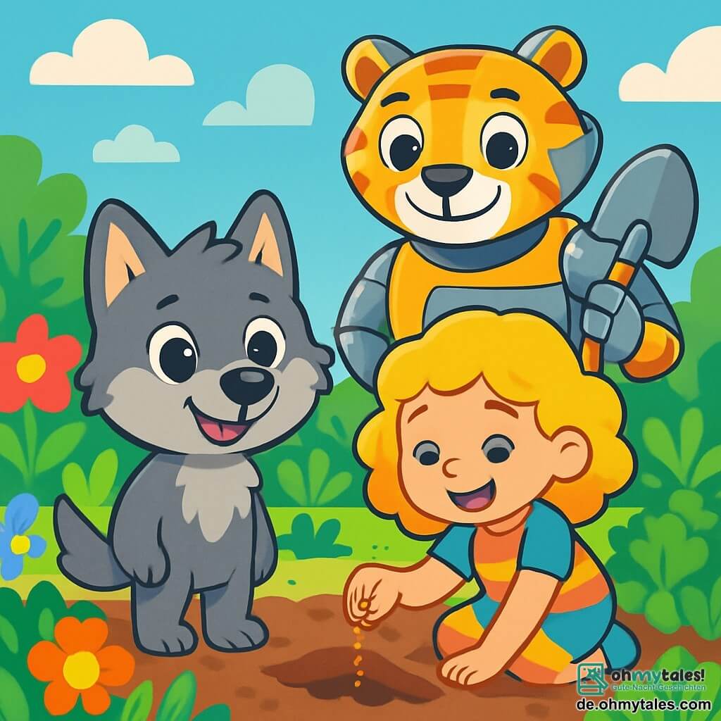 Ein kleiner Wolf namens Wuffi mit weichem grauem Fell und neugierigen leuchtenden Augen steht inmitten eines futuristischen Gartens und lächelt begeistert. An seiner Seite ist Mia, ein kleines Mädchen mit lockigem blonden Haar, das ein buntes Kleid trägt und vor Freude strahlt, während sie Samen in die Erde pflanzt. Im Hintergrund beobachtet ein großer Roboter-Tiger, Tigi, mit glänzendem Metallkörper und warmen Augen, sie lächelnd und mit einer Schaufel in der Hand. Der Garten ist voller leuchtender Blumen und grüner Gemüse unter einem klaren blauen Himmel mit fluffigen Wolken. Die Szene strahlt eine fröhliche und lebendige Atmosphäre aus und zeigt einen Moment des Lernens und der Freundschaft in einer futuristischen Welt.