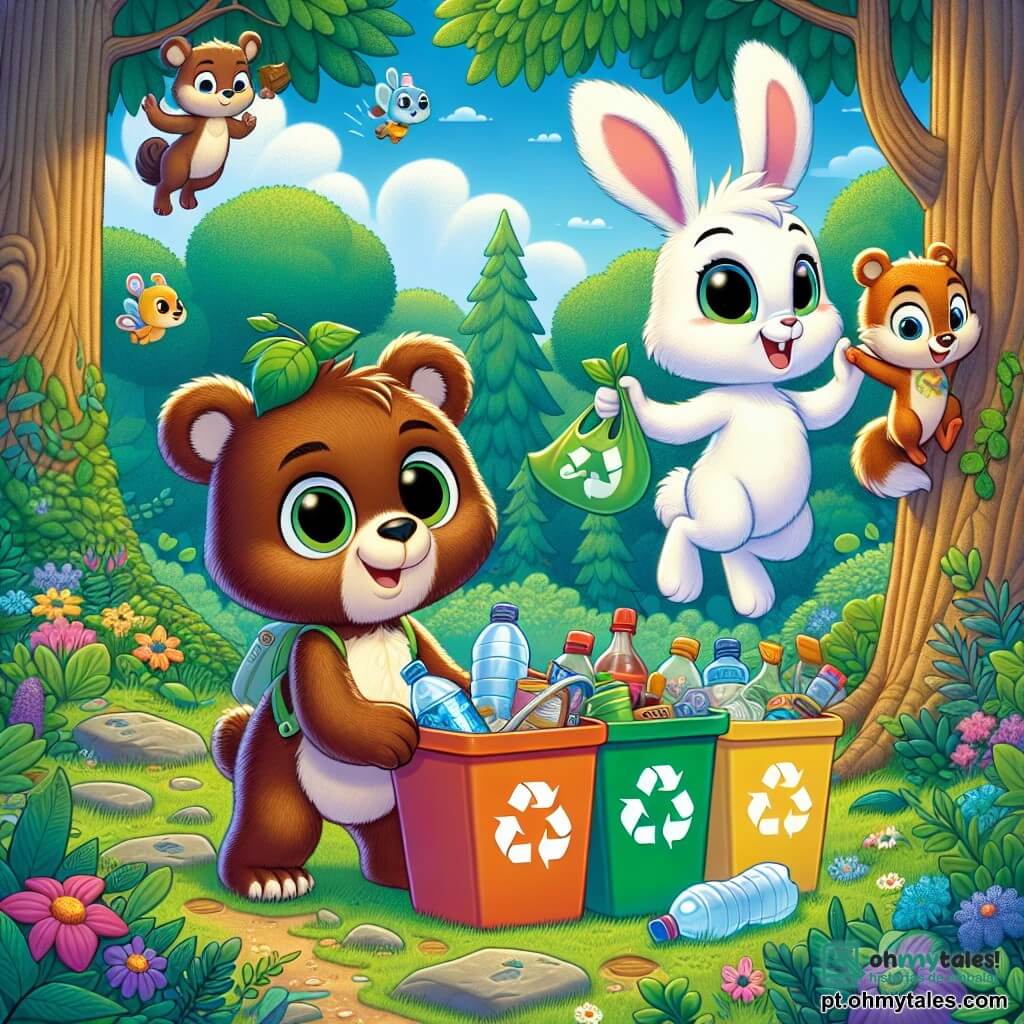 Um urso pardo chamado Bento, com pelagem macia e olhos brilhantes, sorri alegremente enquanto coleta lixo em uma floresta verdejante. Ele usa um pequeno chapéu de folhas e parece determinado e feliz. Ao lado dele, uma coelhinha branca chamada Lili, com grandes orelhas e pelagem sedosa, salta de alegria segurando uma caixa de reciclagem colorida. Um esquilo travesso chamado Tico, com uma cauda fofa e olhos cintilantes, sobe em uma árvore, segurando uma garrafa plástica que está prestes a jogar na caixa certa. A floresta é exuberante, com grandes árvores, flores coloridas e um céu azul com nuvens brancas. A cena principal mostra Bento e seus amigos limpando a floresta, tornando seu habitat mais bonito e saudável enquanto se divertem juntos.
