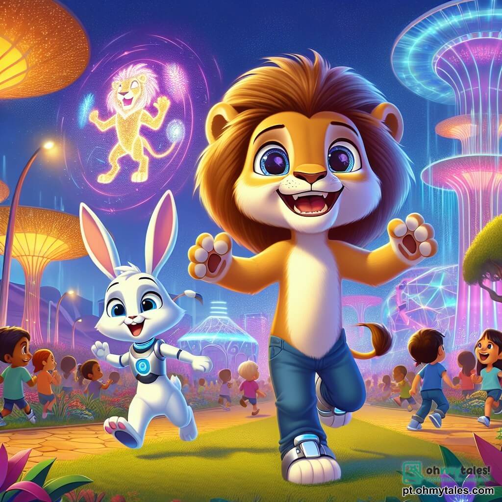Leo, um jovem leão com olhos brilhantes e uma juba dourada, está no centro de um parque futurista, com as patas levantadas em sinal de alegria e um grande sorriso no rosto. Ao seu lado, Mia, uma coelha charmosa com grandes orelhas e pelagem branca, salta de felicidade, segurando um pequeno robô com as patas dianteiras, enquanto um holograma colorido de um dinossauro rugindo aparece atrás deles. O parque está cheio de árvores com folhas luminosas, flores gigantes e estruturas de vidro cintilante, criando uma atmosfera mágica. Leo e Mia estão cercados por crianças que riem e se divertem enquanto exploram juntos as maravilhas tecnológicas de Technopolis.