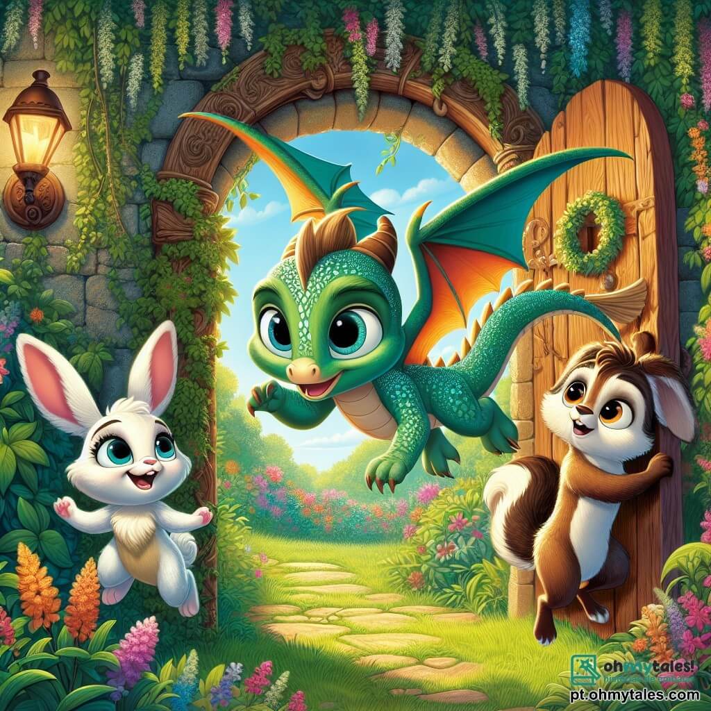 A imagem mostra Lúcio, um pequeno dragão com escamas brilhantes de cor esmeralda, com grandes olhos curiosos e um sorriso maravilhado, voando alegremente acima de uma porta antiga coberta de hera em um jardim secreto. Ao seu lado, Mia, uma coelhinha de grandes orelhas e pelagem branca, salta com entusiasmo, seus olhos brilhando de curiosidade, enquanto Tomás, um esquilo de pelagem marrom e cauda espessa, sobe em uma árvore próxima, olhando com determinação para a porta misteriosa. O jardim está cheio de flores coloridas, arbustos luxuriantes e raios de sol filtrando pelas folhas, criando uma atmosfera mágica e encantadora. A cena principal mostra os três amigos, prontos para descobrir o segredo por trás da porta, cheios de excitação e aventura.