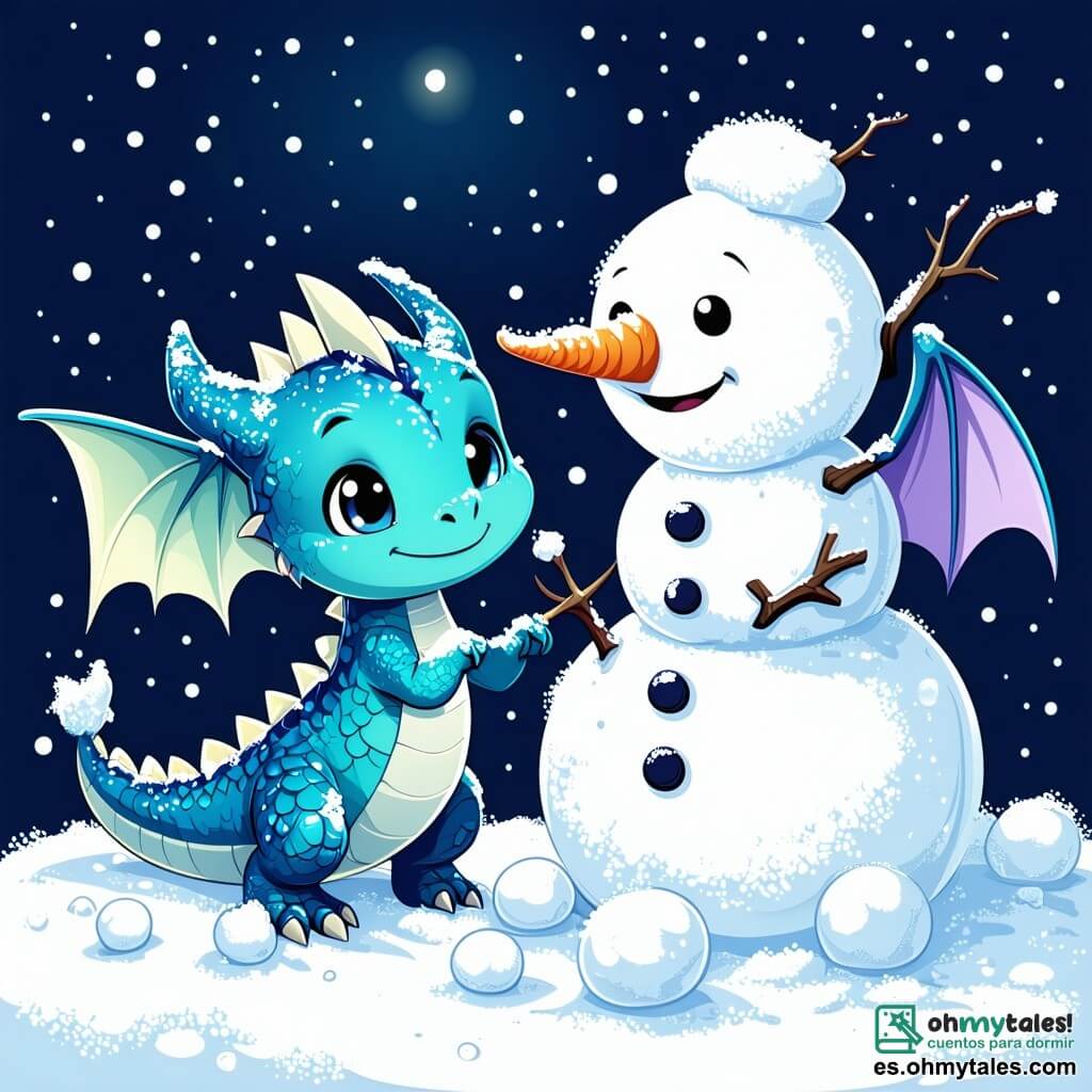 Un pequeño dragón llamado Luma, con escamas brillantes de color turquesa y ojos chispeantes de alegría, está haciendo bolas de nieve para crear un gran muñeco de nieve. Tiene una expresión de emoción en su rostro, su colita moviéndose con entusiasmo. A su lado, su mamá dragón, más grande con escamas moradas y alas delicadas, sonríe orgullosa animándolo. Ella se mantiene un poco atrás, con las patas cruzadas, observando a su pequeño con ternura. El escenario es un paisaje invernal encantador, con copos de nieve cayendo suavemente del cielo azul claro, pinos cubiertos de nieve y un lago helado brillando a lo lejos. La situación principal muestra a Luma moldeando la nieve, riendo a carcajadas, mientras su mamá lo observa, creando una atmósfera cálida y alegre de un mágico día de invierno.