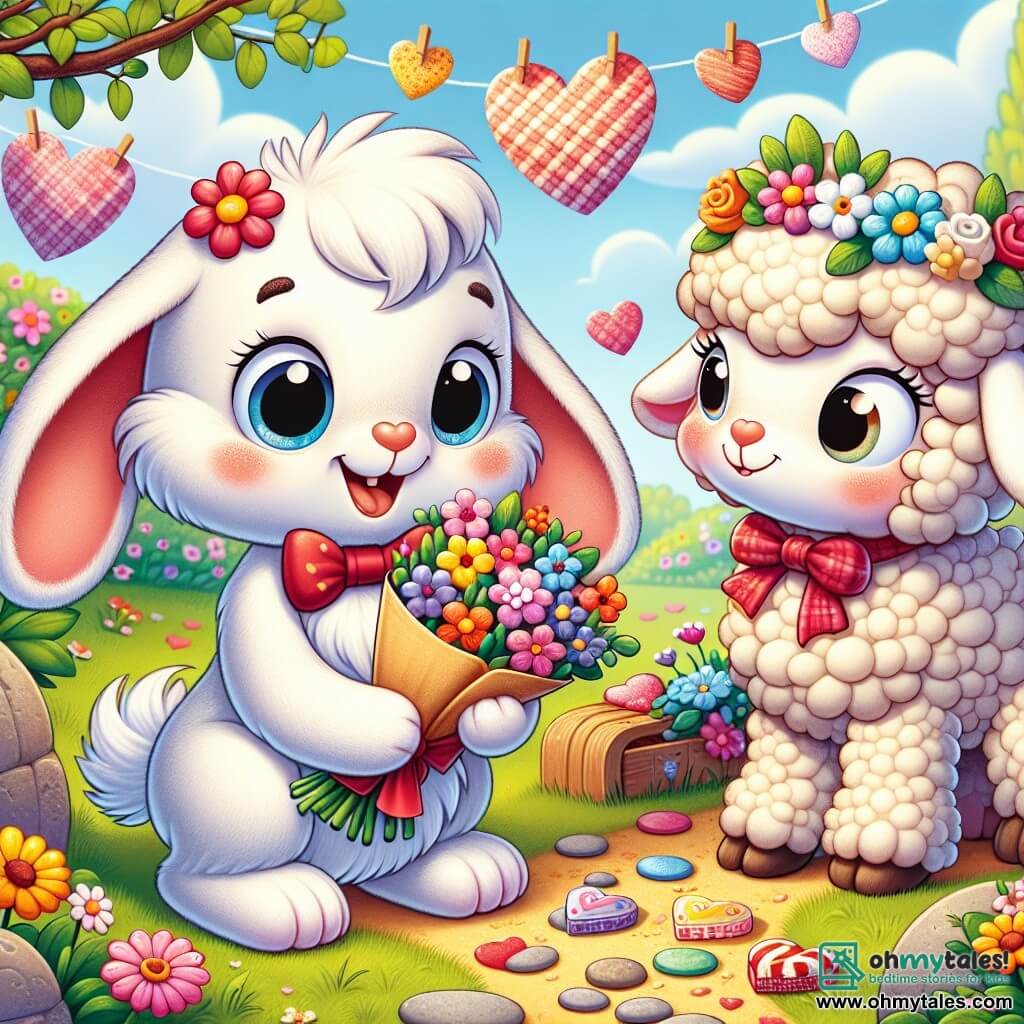 Benny the Rabbit, an adorable little bunny with big ears and soft white fur, is filled with excitement and joy. He wears a small red bow tie and holds a bouquet of colorful flowers in his paws, ready to surprise his friend. Next to him, Lily the Sheep, a charming little lamb with fluffy wool, has a big smile and wears a flower crown on her head. She looks at Benny in wonder, her eyes shining with happiness. The scene takes place in a sunny garden filled with brightly colored flowers, paper hearts hanging from tree branches, and a path of small pebbles leading to a cozy cabin. Benny and Lily are preparing a Valentine's surprise, surrounded by heart-shaped chocolates and little games, laughing and sharing moments of closeness.