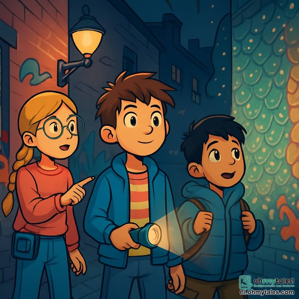 Er zijn 3 personages: - Daan: een 11-jarig jongetje met rommelig bruin haar en nieuwsgierige ogen. Hij draagt een blauwe jas en een gestreept t-shirt, met een zaklamp in zijn hand. Hij staat in het midden en kijkt vastberaden vooruit. - Jasmin: een bijna 11-jarig meisje, slank met gevlochten blond haar en ronde brillen. Ze draagt een roze trui en een spijkerbroek, met een Walkman aan haar riem. Ze staat iets links van Daan en wijst naar een mysterieuze muur. - Omar: een 10-jarig jongetje met zwart haar en levendige ogen. Hij is gekleed in een dikke blauwe jas en een cargobroek. Hij staat rechts van Daan, met een oude rugzak en kijkt verwonderd naar de glinsterende muur. De locatie is een donkere, smalle steeg, omringd door oude bakstenen gebouwen, met kleurrijke graffiti op de muren. Een zacht licht van een straatlamp verlicht de geplaveide grond, terwijl een mysterieuze muur bedekt met glinsterende schubben lijkt te trillen door een onzichtbare magie. De situatie toont de drie kinderen, gefascineerd en een beetje bezorgd, tegenover deze mysterieuze muur die levend lijkt, terwijl ze zich voorbereiden om de verborgen geheimen van hun stad te ontdekken.