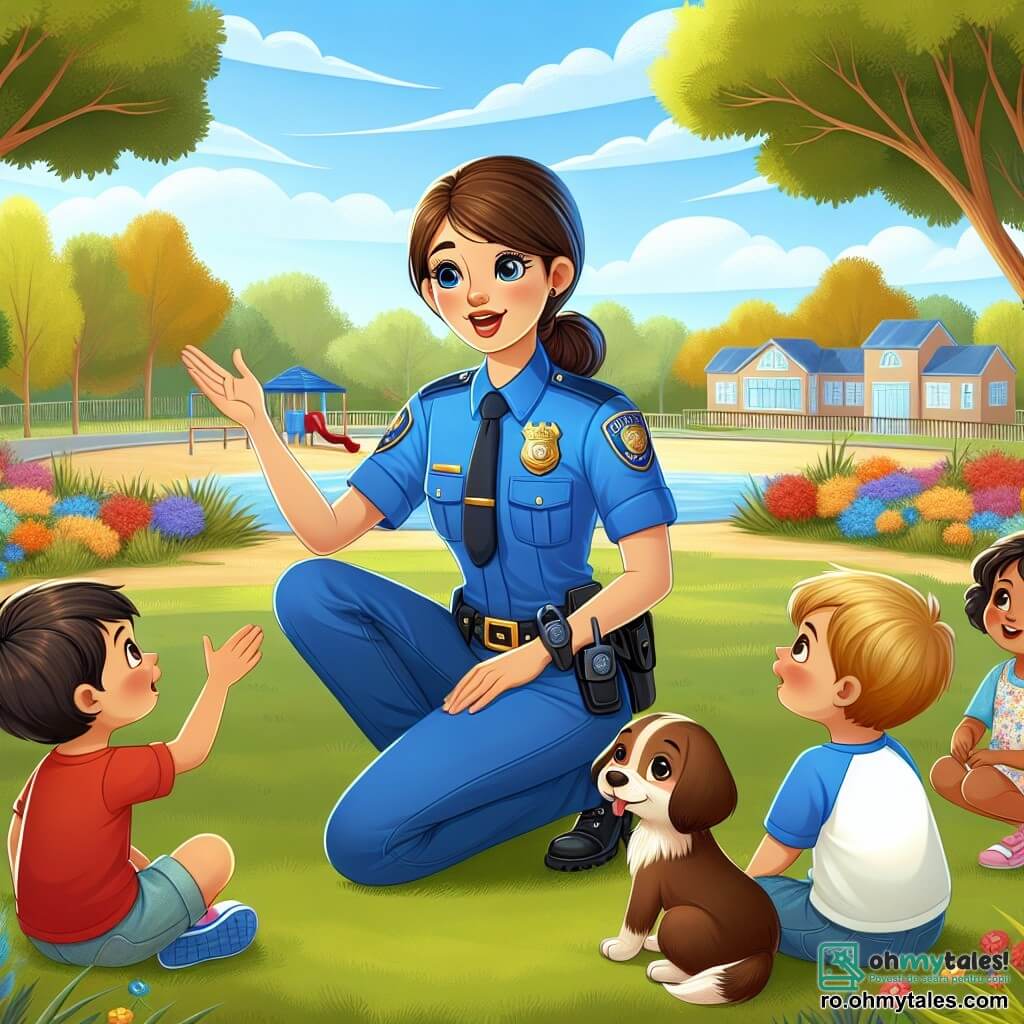 O polițistă zâmbitoare, Ana, se află în centrul imaginii. Este o femeie de aproximativ treizeci de ani, cu părul brun prins în coc, purtând o uniformă albastră strălucitoare și un insignă lucioasă pe piept. Fața ei radiază bunăvoință în timp ce se apleacă ușor în față, cu mâinile pe genunchi, pentru a vorbi cu un grup de copii. Printre copii, este un băiat blond de 7 ani, purtând un tricou roșu și o pereche de pantaloni scurți albaștri, care arată entuziast spre un copac mare de lângă ei. O fetiță cu părul brun, de 6 ani, îmbrăcată într-o rochie cu flori, stă pe iarbă ținând un jucărie în formă de câine, privindu-o pe Ana cu admirație. Scena se desfășoară într-un parc verde, plin de copaci măreți, flori colorate și o mare zonă de joacă în fundal. Soarele strălucește, creând o atmosferă veselă și primitoare. Situația principală o arată pe Ana explicând copiilor importanța siguranței și ajutorului reciproc, după ce au găsit câinele pierdut, Max, care se joacă vesel la picioarele lor.