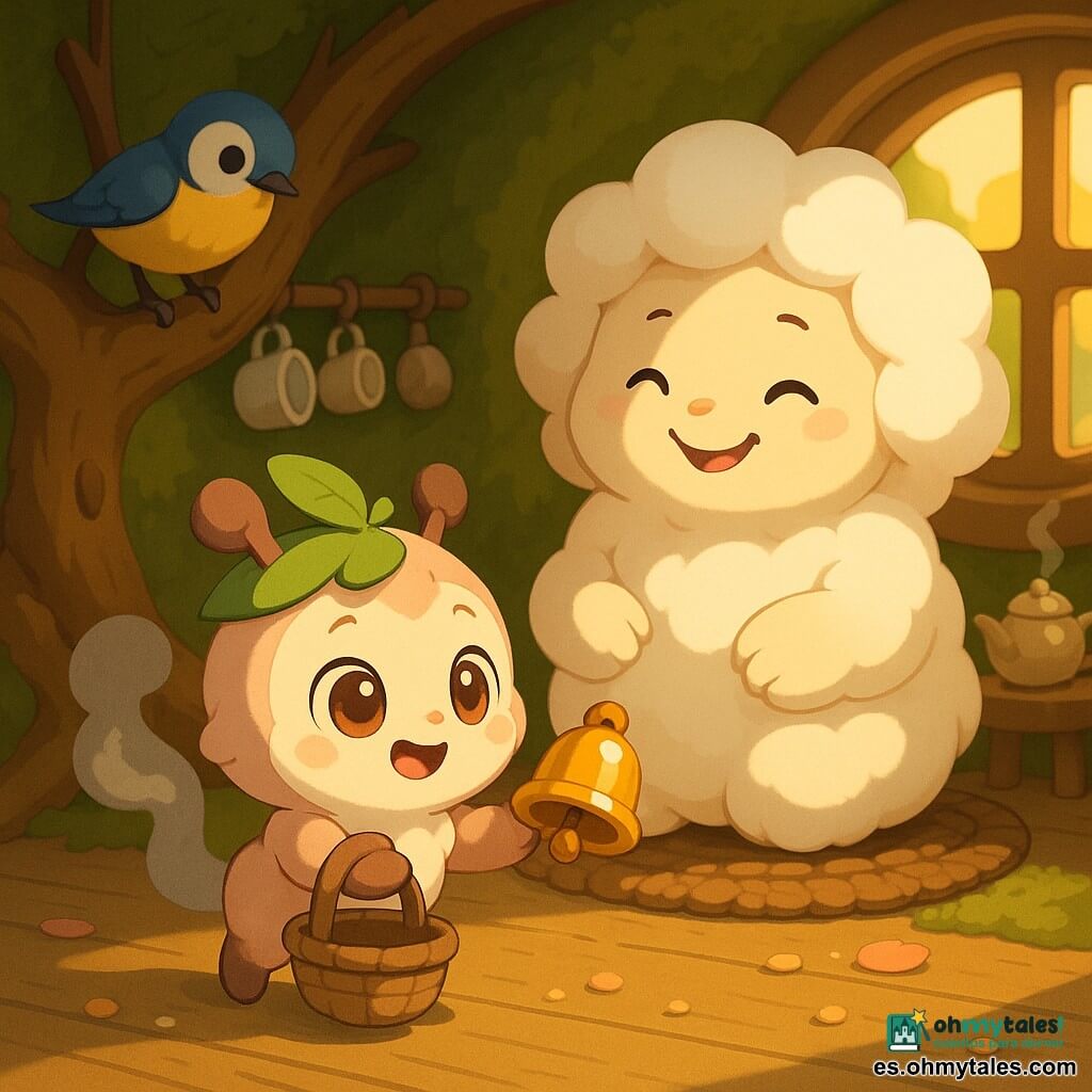 Lumo, pequeño insecto peluche del tamaño de una taza, aparece en primer plano con rostro redondo, grandes ojos ámbar, pelaje beige rosado, orejas redondeadas, cola vaporosa, un sombrero de hoja, sosteniendo una cesta de mimbre vacía y una campanilla dorada; Nuba, su madre, es una criatura nube de pelaje crema, sonrisa tierna y ojos cerrados, sentada sobre una raíz-alfombra viendo a Lumo con orgullo; un pajarito cantor azul y amarillo posa en una rama cercano, curioso; la escena transcurre en una cocina excavada en la raíz de un árbol gigante del Bosque Susurrante: suelo de madera pulida, paredes de musgo, ventanas redondas con luz matinal dorada, tazas colgadas, una tetera humeante y pétalos y migas esparcidos; Lumo prepara una sorpresa improvisada para el Día de la Madre ofreciendo la campanilla y la cesta vacía a Nuba, ambiente cálido de mañana, gestos tiernos, colores pastel cálidos, iluminación luminosa y sombras suaves, estilo cartoon 3D cel‑shading con texturas peluche y madera.