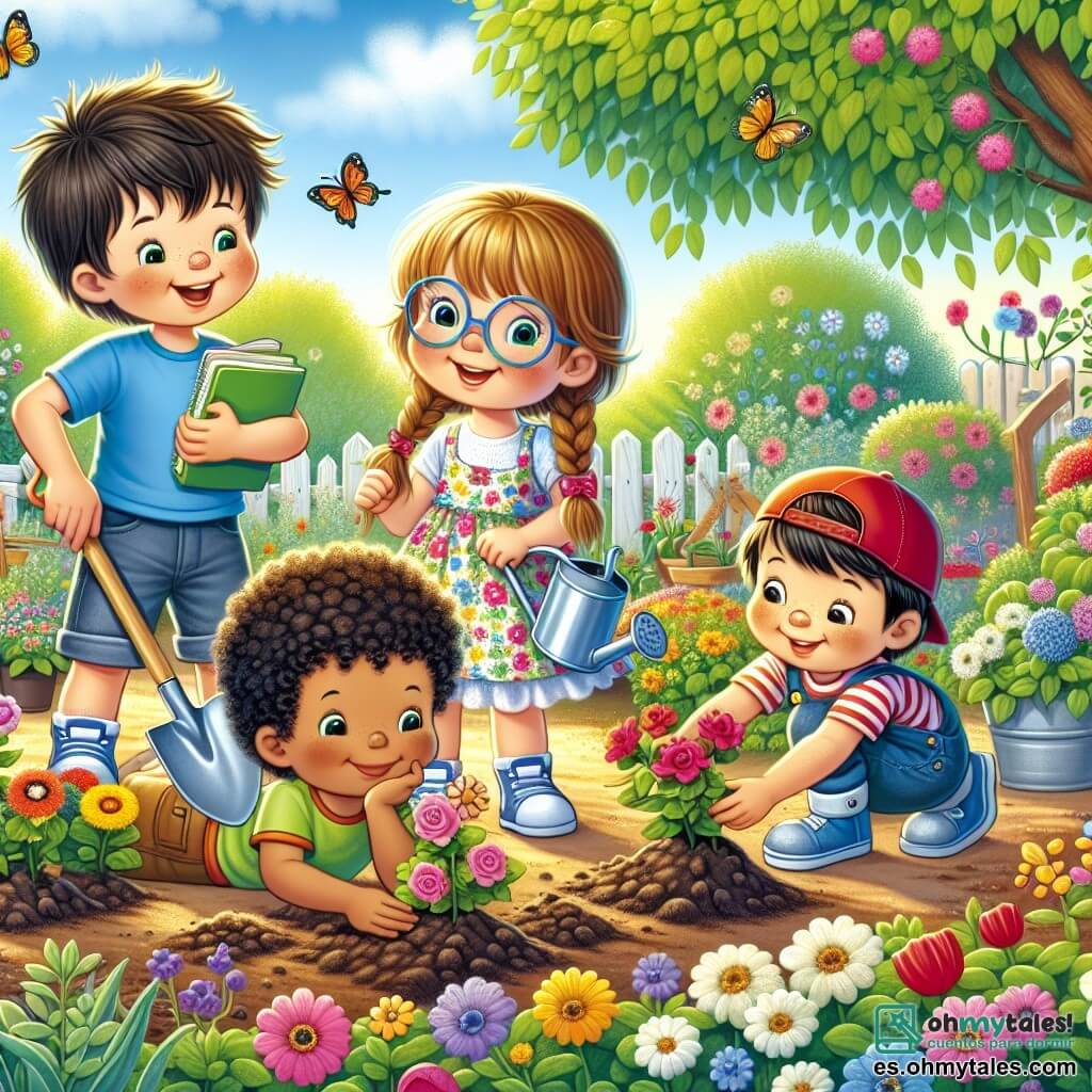 En un jardín en plena floración, cuatro niños están reunidos para plantar flores. Mateo, un niño de 8 años con cabello castaño desordenado, lleva una camiseta azul y un pantalón corto. Sostiene una pequeña pala y sonríe con entusiasmo. A su lado, Clara, una niña de 7 años con gafas y trenzas rubias, anota cosas en su pequeño cuaderno. Lleva un vestido de flores colorido. Luis, un niño de 9 años con cabello negro y una gorra roja, está agachado cavando la tierra con una pala grande. Finalmente, Sofía, una niña de 8 años con cabello castaño y coletas, riega las plántulas con una pequeña regadera, vestida con una camiseta rosa y pantalones cortos de mezclilla. El jardín es un lugar mágico, lleno de flores multicolores, mariposas revoloteando y un gran manzano que ofrece sombra. Los niños trabajan alegremente preparando el jardín para la primavera, plantando semillas de flores y regando la tierra, riendo y compartiendo ideas sobre las plantas que crecerán.