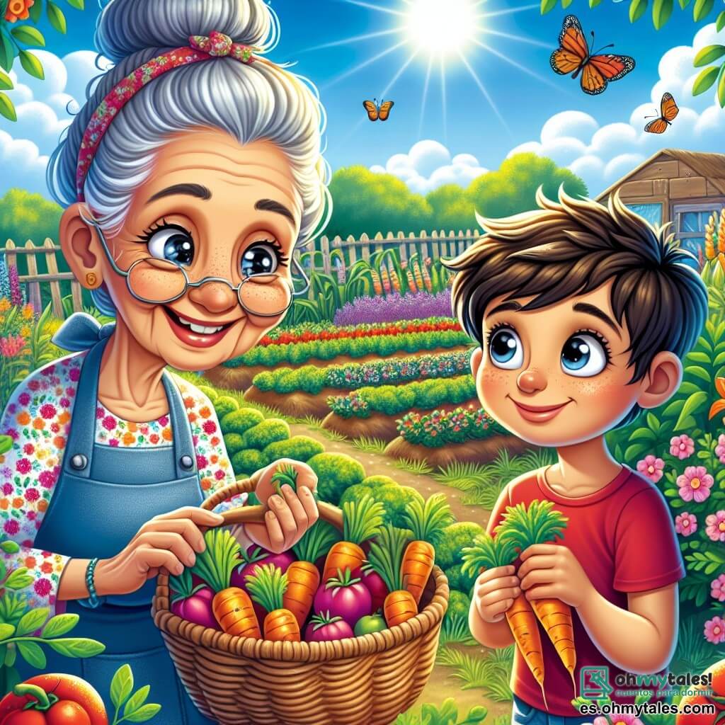 Una mujer mayor, la abuela Lola, con cabello gris recogido en un moño y una sonrisa cálida, está cosechando zanahorias en su jardín. Lleva un vestido de flores colorido y un delantal de tela, con los ojos brillantes de alegría y orgullo. A su lado, un niño de 7 años, Miguelito, con cabello castaño alborotado y una camiseta roja, observa con asombro las verduras frescas que han cosechado. Sostiene una pequeña canasta de mimbre llena de tomates y maíz, con los ojos reluciendo de emoción. El jardín es un lugar soleado, lleno de hileras de plantas verdes exuberantes, flores coloridas y un cielo azul brillante. Se pueden ver mariposas revoloteando alrededor de las flores y pájaros cantando en los árboles. La escena principal muestra a Lola y Miguelito celebrando la cosecha, rodeados de verduras coloridas, compartiendo un momento de felicidad y aprendizaje sobre la magia de la naturaleza.