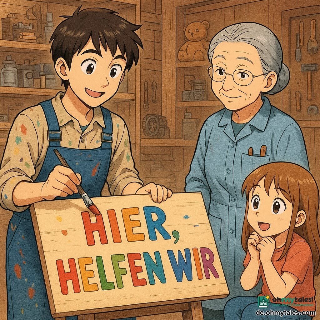 Mika steht vor einem großen Holzbrett, konzentriert und lächelnd, mit bunten Farbflecken auf seiner Kleidung. Er hält einen Pinsel in der Hand, bereit, klare und freundliche Buchstaben zu malen. Neben ihm steht Frau Blau, eine ältere Dame, die mit einem wohlwollenden Lächeln zuschaut, gekleidet in einem alten Arbeitskittel mit Taschen voller Werkzeuge. In der Nähe sitzt Lina, ein 9-jähriges Mädchen, auf einem Hocker, ihre Augen weit geöffnet, fasziniert vom Malprozess. Die Szene spielt sich in einer kleinen, gemütlichen Reparaturwerkstatt ab, mit Regalen voller Ersatzteile und Spielzeug zur Reparatur. Die Hauptsituation zeigt Mika, wie er ein neues Schild für die Werkstatt malt, mit leuchtenden Farben und Buchstaben, die sagen: "Hier wird geholfen".