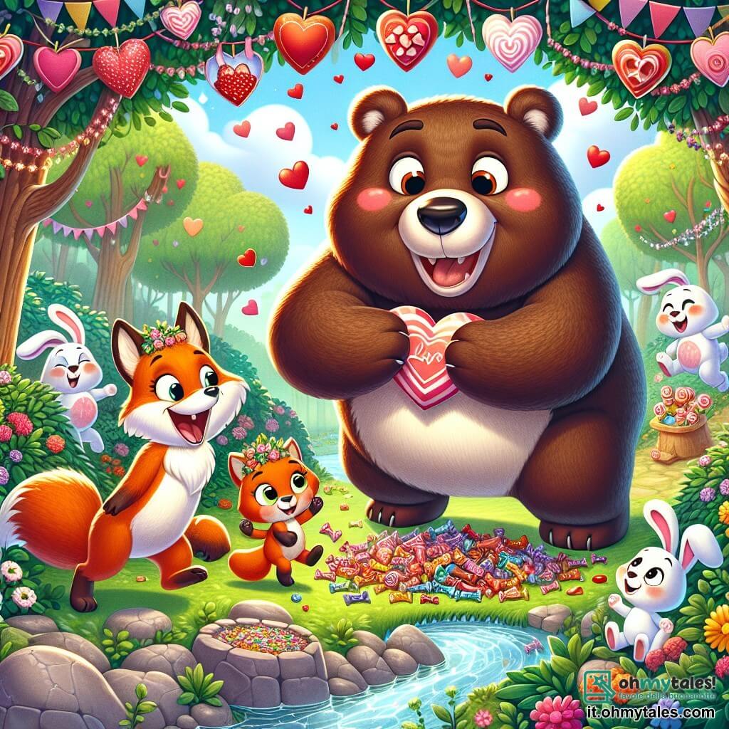 Un grande orso bruno di nome Tobia, con un pelo morbido e lucente, si trova al centro dell'immagine, sorridendo con occhi scintillanti di gioia. È circondato dai suoi amici, tutti intenti a festeggiare la festa di San Valentino. Alla sua destra, una volpe astuta di nome Mina, con un pelo arancione brillante e occhi maliziosi, danza felicemente tenendo un cuore di carta tra le zampe. A sinistra, un piccolo coniglio bianco con grandi orecchie, con un'espressione di meraviglia, guarda il tesoro di dolcetti scoperto sotto un cespuglio. Lo scenario è un parco incantevole di Boscofiorito, pieno di alberi maestosi, fiori colorati e un ruscello scintillante. La scena principale mostra Tobia e i suoi amici che festeggiano insieme San Valentino, circondati da dolcetti e risate, illustrando lo spirito dell'amicizia e della gioia condivisa in questa giornata speciale.