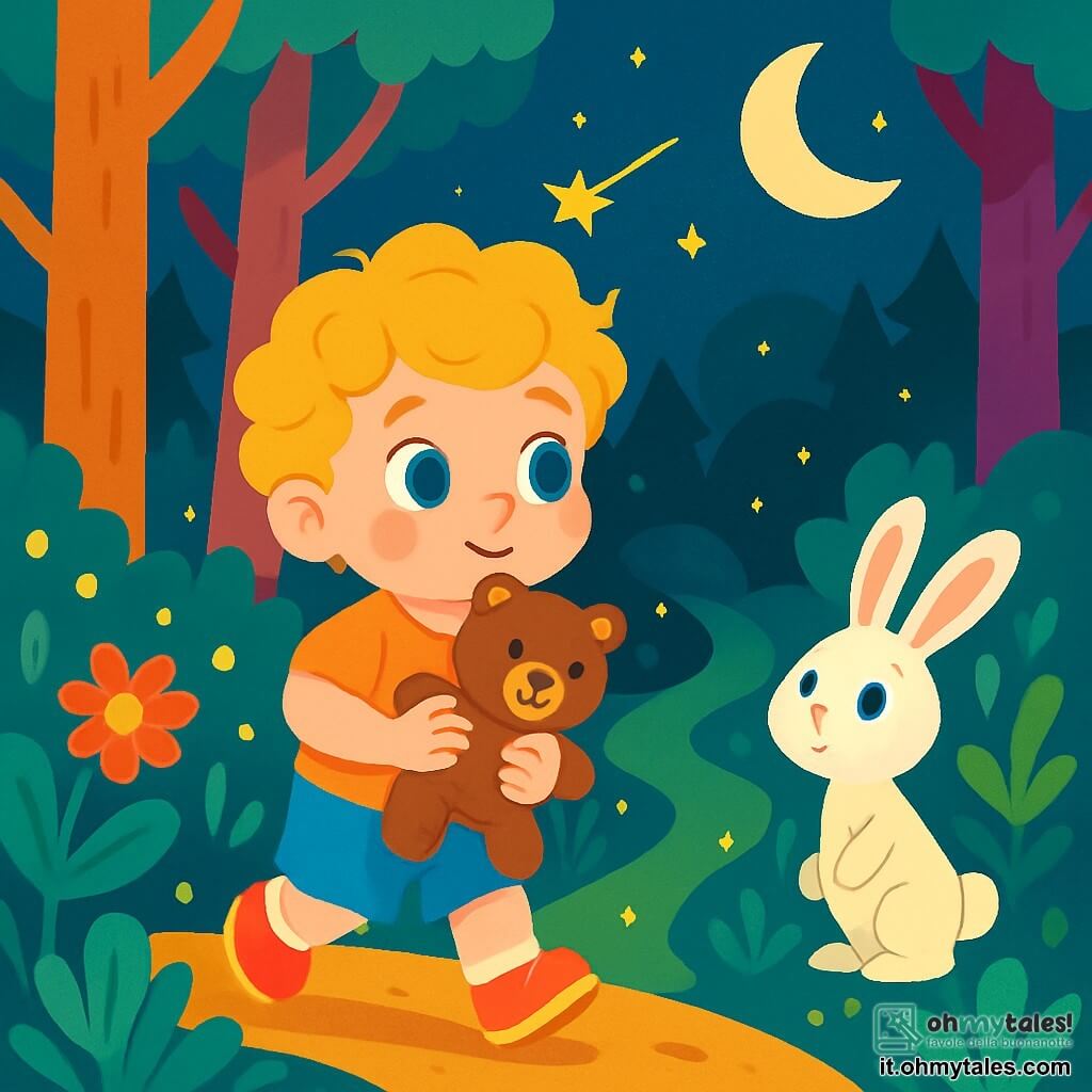 Un bambino di 2 anni, Leo, con capelli dorati e ricci, grandi occhi brillanti di meraviglia, tiene il suo orsetto di peluche. Ha un sorriso curioso e uno sguardo determinato, pronto per l'avventura. Accanto a lui, un coniglietto bianco con grandi orecchie osserva Leo con curiosità. Lo sfondo è un bosco magico, pieno di alberi dai tronchi colorati, fiori vivaci e lucciole scintillanti. Al centro dell'immagine, Leo si avanza cautamente verso un sentiero misterioso, circondato da piante luminose, cercando la stella caduta, mentre la luna illumina dolcemente il suo cammino.