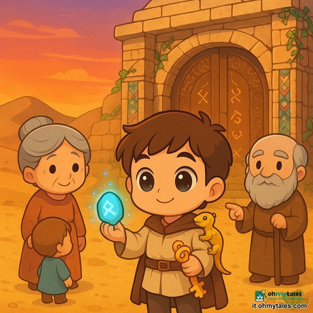 Amir, giovane dal viso rotondo e occhi grandi, sorride mentre tiene una pietra runica luminosa in una mano e una chiave d'oro nell'altra davanti alla massiccia porta di un tempio di pietra tra dune; alla sinistra del quadro una nonna sui 70 anni con capelli grigi raccolti stringe la mano di un bambino e osserva dal villaggio, dietro Amir un uomo saggio barbuto indica la porta con un bastone, una piccola lucertola dorata è sulla spalla di Amir, la pietra emette scintille blu mentre la chiave apre la porta, atmosfera magica al tramonto con toni caldi di oro e arancio contrastati da blu e verde, composizione semplice e rassicurante adatta ai bambini.