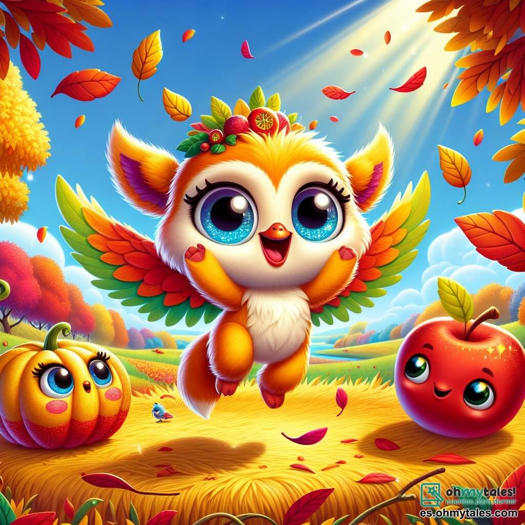 Lila, una pequeña criatura con alas brillantes y pelaje naranja, está bailando alegremente en medio de un campo de otoño, rodeada de hojas coloridas. Su rostro irradia felicidad, con grandes ojos brillantes y una amplia sonrisa. Junto a ella, una manzana roja, con un rostro sonriente, rueda alegremente por el suelo, expresando su alegría de ser elegida para la fiesta. Más lejos, una calabaza amarilla, redonda y amigable, mira a Lila con admiración, sus ojos brillantes de curiosidad. El lugar es un magnífico campo de otoño, lleno de hojas doradas, rojas y naranjas, bajo un cielo azul claro. Árboles majestuosos bordean el campo, con ramas cargadas de frutas, mientras rayos de sol filtran a través de las hojas, creando un ambiente cálido y acogedor. La situación principal muestra a Lila preparando una fiesta de otoño, con ingredientes coloridos a su alrededor, mientras baila y canta, rodeada de la belleza de la naturaleza.