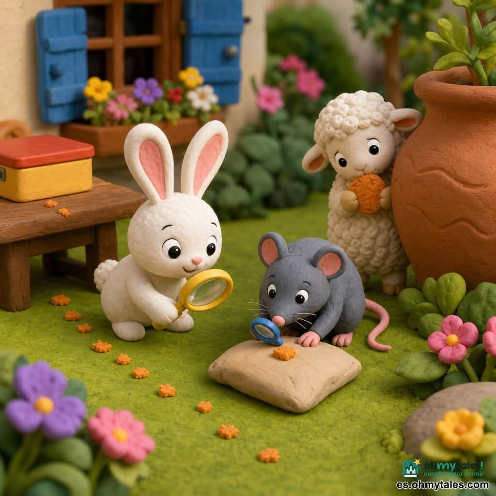 Lola, una pequeña conejita blanca de pelaje esponjoso y orejas rosadas, sonríe y sigue una línea de migas naranjas con una lupa de plástico amarilla; Tito, un ratoncito gris de ojos brillantes, la acompaña con una lupa más pequeña mirando una miga sobre un cojín beige; Nube, un corderito rizado y blanco, está detrás de una gran maceta sosteniendo una galleta grande naranja; todo en un jardín soleado con césped verde, flores sencillas, una ventana baja con persiana entreabierta y una mesa de madera con una caja de galletas cerrada, creando una escena cercana de descubrimiento y compartir, colores vivos, formas redondeadas y ambiente cálido y lúdico.