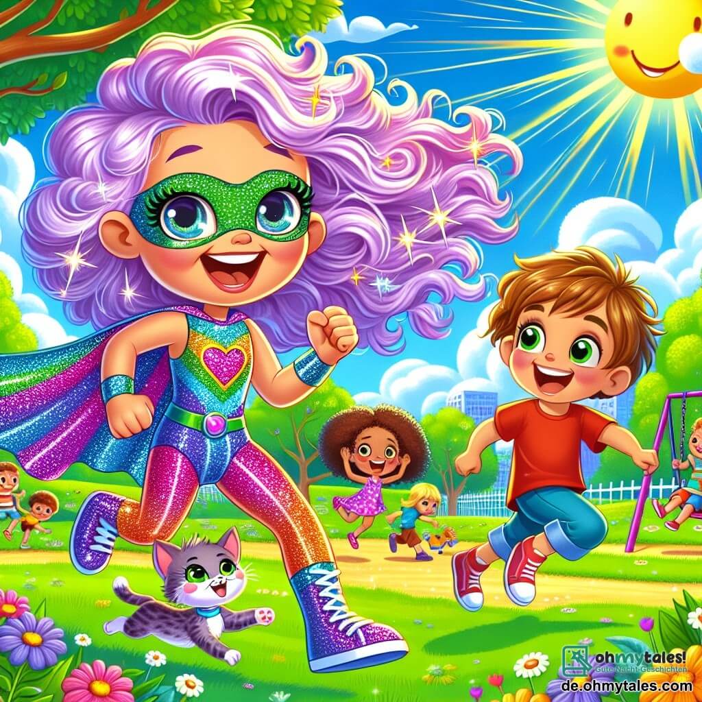 Lila Blitz ist eine Superheldin mit langen lockigen lila Haaren, die ein glitzerndes Kostüm in lebhaften Farben trägt, das Freude und Aufregung ausdrückt. Sie läuft fröhlich in einem sonnigen Park, lacht mit Kindern und ihr Gesicht strahlt vor Glück. Neben ihr ist Tim, ein etwa 7-jähriger Junge mit zerzausten braunen Haaren und einem roten T-Shirt, der breit lächelt, während er ihr nachläuft. Mimmi, eine kleine Katze mit funkelnden grünen Augen, sitzt auf einer Schaukel und beobachtet die Szene amüsiert. Der Ort ist ein grüner Park, gefüllt mit Bäumen mit leuchtenden Blättern, bunten Blumen und Kindern, die auf Schaukeln und Rutschen spielen. Der Himmel ist strahlend blau, mit einigen flauschigen weißen Wolken. Die Hauptsituation zeigt Lila Blitz und Tim, die Verstecken spielen, während Lila hinter einem großen Baum lacht, während Tim sich mit funkelnden Augen der Neugier und Aufregung nähert.