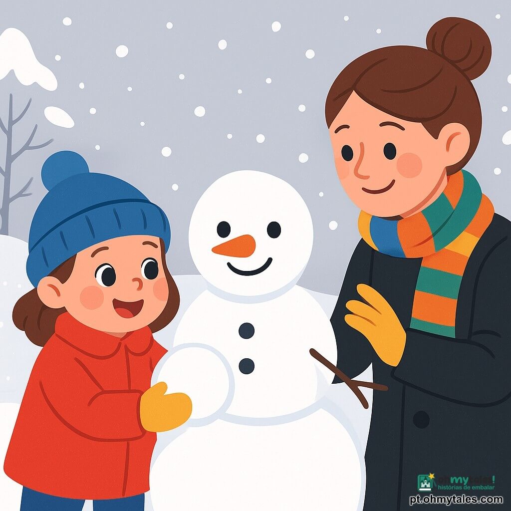 Uma menina de 2 anos, com grandes olhos brilhantes e bochechas rosadas, está brincando na neve. Ela usa um grosso casaco vermelho, um bonito gorro azul e luvas amarelas, sorrindo maravilhada enquanto segura uma bola de neve em suas pequenas mãos. Ao lado dela, sua mãe, uma mulher de cerca de trinta anos, tem cabelos castanhos presos em um coque e veste um casaco preto com um cachecol colorido. Ela sorri ternamente enquanto ensina sua filha a fazer um boneco de neve. O cenário é um jardim de inverno, coberto por uma espessa camada de neve cintilante sob um céu cinza. Flocos de neve caem suavemente, e árvores com galhos carregados de neve se erguem ao fundo. A cena principal mostra a menina e sua mãe construindo um boneco de neve, cercadas por neve brilhante e risadas alegres, criando um momento acolhedor e mágico no meio do inverno.
