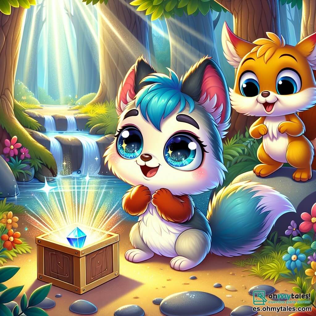 Un pequeño animal de grandes ojos brillantes y pelaje azul celeste, con orejas puntiagudas, está sentado sobre una piedra al borde de un arroyo centelleante, mostrando una expresión de curiosidad y asombro mientras observa una caja brillante que emite luces de colores. A su lado, una ardillita de pelaje dorado, con una cola esponjosa, sonríe alegremente mientras salta a su alrededor, incitándolo a la aventura. El escenario es un magnífico bosque encantado, donde los árboles de hojas multicolores se elevan majestuosamente y flores brillantes salpican el suelo, mientras los rayos de sol filtran a través del follaje, creando una atmósfera mágica. La situación principal muestra al pequeño animal fascinado por la caja luminosa, dudando entre explorar el mundo real y la atracción del objeto misterioso, mientras su amiga lo anima a descubrir las maravillas del bosque.