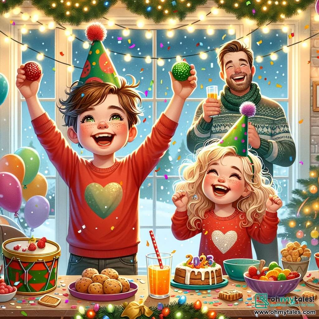 A 10-year-old boy, Max, with messy brown hair and a big bright smile, stands at the center of the scene, throwing colorful confetti in the air with a beaming expression on his face. He wears a red t-shirt and a green party hat with a colorful feather. Next to him is his little sister Lily, a 5-year-old girl with curly blonde hair and heart-shaped glasses, laughing joyfully while holding a small party drum. Their father, a man in his thirties with a light beard and a festive sweater, stands behind them, raising a glass of fruit juice with a proud smile, ready to make a toast. The scene takes place in a warm living room decorated with sparkling garlands and colorful balloons, with a large table filled with delicious treats and a cake shaped like the number 2023 at the center. The soft lights of the garlands create a festive atmosphere, while snowflakes gently fall outside through the window. The main situation shows Max and his family celebrating New Year's Eve, surrounded by laughter and joy, counting down together to midnight, ready to welcome the new year with promises of happiness and friendship.