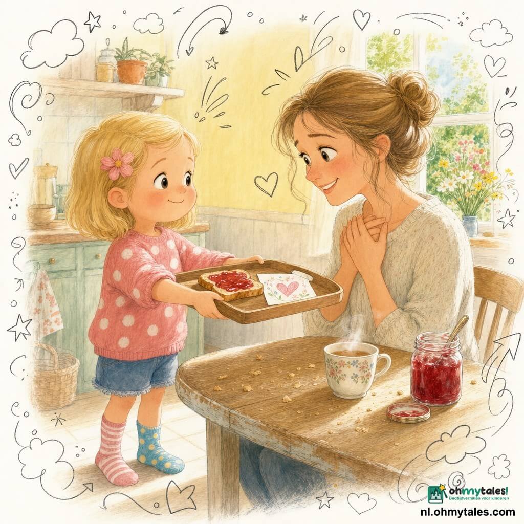 Een 4-jarig meisje met ronde ogen en kort blond haar, trots gezicht en verlegen glimlach, in een roze stippentrui en ongelijke sokken biedt een houten dienblad met een boterham met jam en een tekening aan; een vrouw van ongeveer 32 jaar met lichtbruin haar in een losse knot, tedere glimlach en glinsterende ogen zit aan een versleten houten tafel, neemt het dienblad emotioneel aan en kijkt naar het meisje; de keuken is badend in bleke ochtendlicht, lichte tegels, dampend kopje thee, geopende pot rode jam, raam naar een groene tuin met wilde bloemen; zachte Moederdag-ochtendscène met een bloemetje in het haar van het meisje, kruimels op tafel, warme intime sfeer, pastelkleuren, potlood- en aquareltexturen en eenvoudige doodles (hartjes, sterretjes).