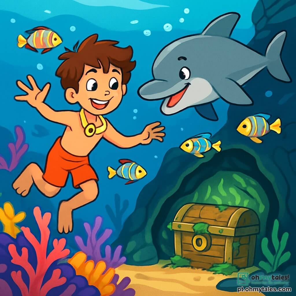 Um garoto de 12 anos, Lucas, com cabelo castanho bagunçado e olhos brilhantes de curiosidade, nada alegremente nas águas cristalinas do oceano. Seu rosto irradia excitação e deslumbramento enquanto explora um mundo subaquático vibrante. Ao seu lado, um golfinho chamado Luar, com pele lisa e cinza, nada com agilidade, sorrindo e encorajando Lucas a descobrir as maravilhas do recife. O cenário é um recife de corais coloridos, onde corais em tons vibrantes de rosa, roxo e amarelo se entrelaçam, criando uma paisagem mágica. Peixes multicoloridos, com padrões cintilantes, nadam ao redor deles, adicionando à magia da cena. Lucas e Luar estão em plena exploração, descobrindo juntos um tesouro escondido: uma caverna subaquática iluminada por algas luminescentes, onde um antigo baquet de madeira, coberto de algas, aguarda para ser aberto.