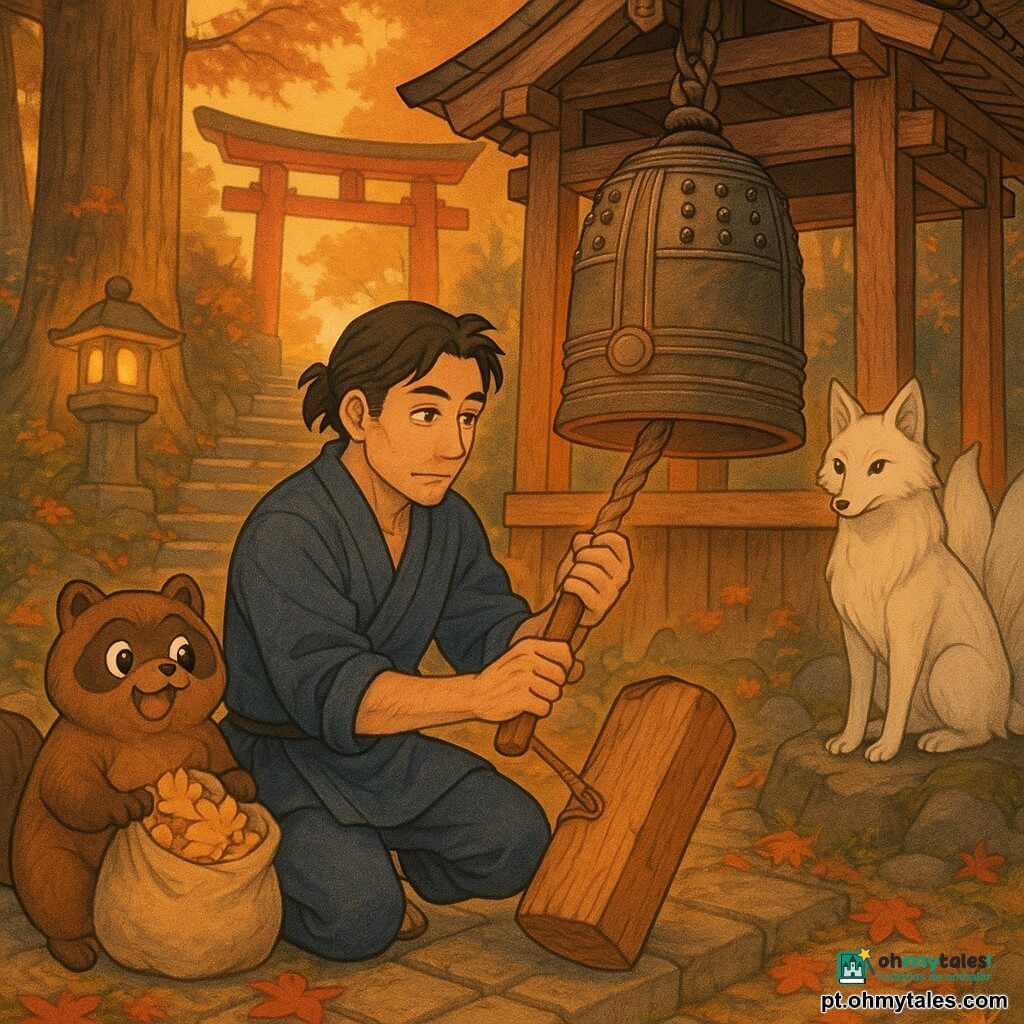 Takumi, homem de 30–40 anos, rosto gentil e concentrado, quimono índigo simples com mangas arregaçadas, ajoelhado nas lajes enquanto prende uma grossa lâmina de cedro ao badalo do grande sino do santuário e puxa suavemente a corda, fazendo-o soar num tilintar roux; um tanuki pequeno e travesso, pelagem castanha e olhos brilhantes, à esquerda no chão com um saco de serapilheira cheio de lascas como se ajudasse; uma kitsune branca elegante, de nove caudas estilizadas (ou uma cauda sutil), pelagem nacarada, sentada num rochedo à direita observando com serenidade; santuário xintoísta no alto de uma colina ao entardecer, torii vermelho ao fundo, degraus de pedra gastas, lanternas de pedra com brilho quente, cedros gigantes e folhas de outono vermelhas e douradas sobre o solo húmido; cena íntima e luminosa com paleta outonal quente (ocre, vermelho, madeira, índigo) e luz dourada do crepúsculo filtrando entre os troncos; estilo gráfico tipo manga com traços suaves, texturas de madeira e tecidos, contraste quente/frio e composição centrada em Takumi e no sino, profundidade com árvores e torii ao fundo.