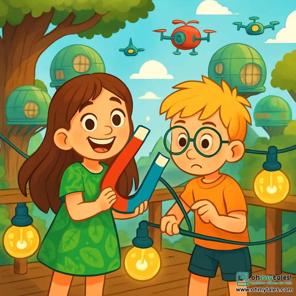 An 8-year-old girl, Mila, with long brown hair and sparkling curious eyes, joyfully smiles while holding a large shiny magnet. She wears a green dress with leaf patterns, and her face radiates excitement. Next to her, a 9-year-old boy, Tom, with messy blonde hair and round glasses, looks at the electrical wires with a focused expression, holding a small tool in his hand. They are on a wooden platform suspended between trees, surrounded by softly glowing glass lamps. The scene takes place in the futuristic city of Verdantree, where bubble-shaped houses are perched on large tree trunks, and colorful drones fly in the blue sky. Mila and Tom are working together to repair the flickering lamps, combining their efforts to light up their city and bring joy to their friends.