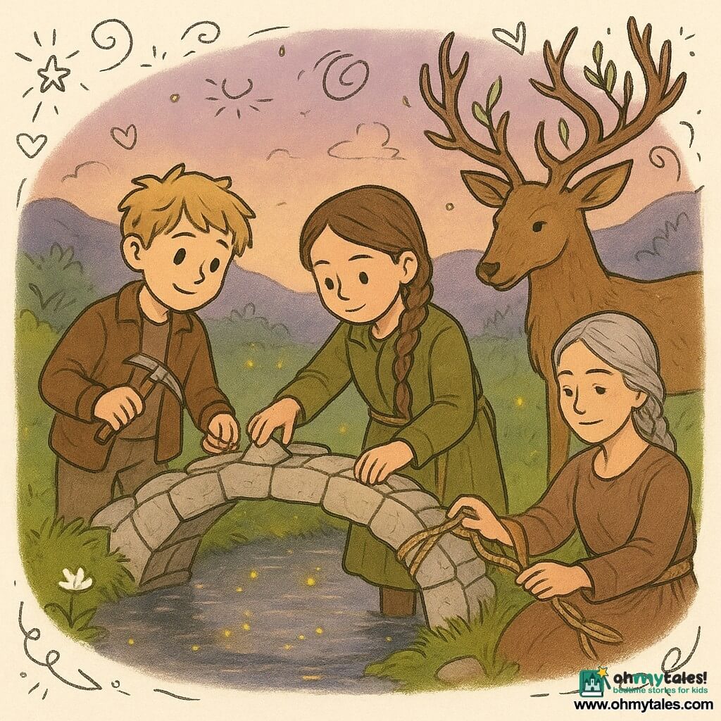 Mira, a focused, serene girl with braided brown hair in an olive coat and linen skirt, gently sets a pale stone on a small bridge under construction while holding a worn rope; Aderyn, a blond teenage boy in a light leather jacket with a reassuring smile, stands left placing a bell-like stone and holding a small pick; Branna, an adult woman with silver-gray hair braided around her shoulders in an earthy dress and rope belt, braids a reed strap behind Mira; a large guardian stag with knotted antlers and green leaves watches from the water's edge with a gentle, protective posture; they work together at twilight over a luminous river pool dotted with yellow fireflies, bright green moss and white moon-shaped flowers on the banks, pale smooth stones forming arches, soft hills and a plum sky, warm magical evening light, precise cooperative gestures and golden reflections on the water.