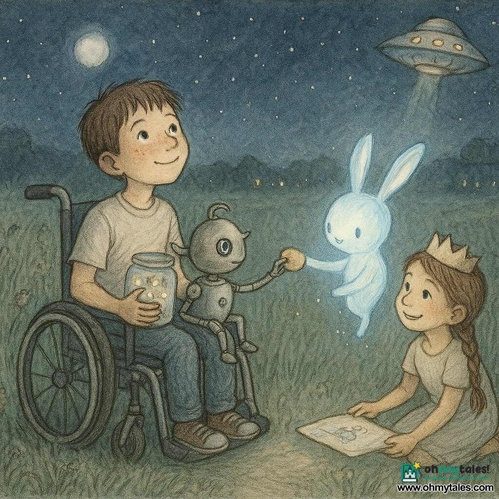 Three characters: Milo — a boy about 10 with short brown hair and freckles, seated in a modern wheelchair with a cushion, holding a jar of fireflies on his lap and looking at the sky, center-left; Hana — a girl about 9, barefoot with braided hair and a small paper crown behind her ear, crouched to Milo’s right, smiling and showing a paper map on a picnic tray; Tippy — a small teapot-sized robot with a teapot-shaped metal head, a reflector eye and a tiny bell, on Milo’s lap extending a cookie on a small mechanical arm toward a glowing creature. Location: a field called “Starfield” at night with tall swaying grasses, wildflowers, a wheelchair-friendly path, a deep starry sky and a pale moon, distant house lamps, and a glass jar on the ground reflecting the stars. Main situation: a small extraterrestrial visit — a soft blue glowing rabbit-sized creature floats just above the grass in front of Milo and Hana, offering a small luminous paper in exchange for the map; in the background a small silver ship with warm windows hangs low in the sky with a suggested ladder of light rising to its porthole.