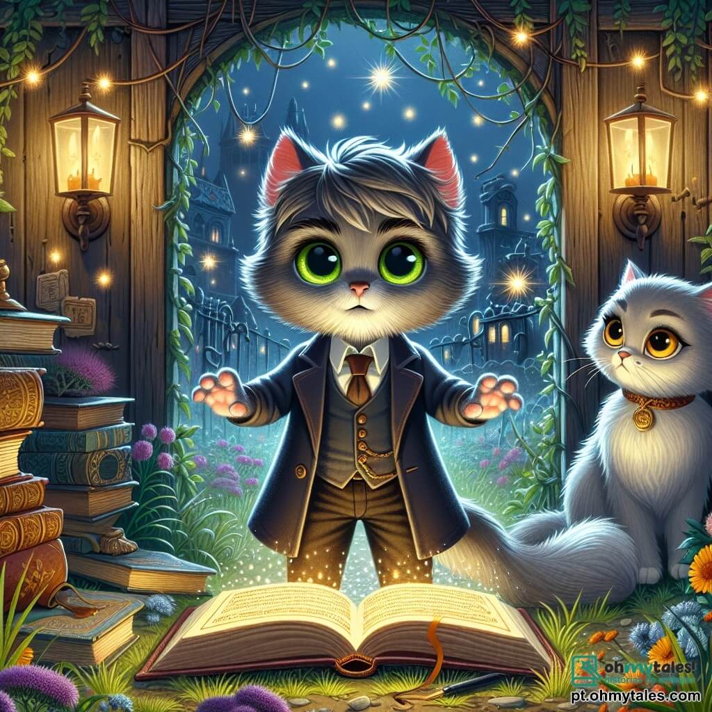 Tito, um jovem gato de rua com pelagem cinza e olhos verdes brilhantes, está corajosamente no centro de um jardim abandonado, cercado por livros antigos e luzes cintilantes. Sua expressão é determinada, pronto para abraçar seu destino de mágico. Ao seu lado, Luna, uma elegante gata persa com olhos dourados, observa com um sorriso encorajador, suas patas delicadas sobre um velho livro aberto. O jardim é invadido por ervas daninhas e flores coloridas, com uma grande porta de madeira adornada com cipós que se abre para uma biblioteca secreta. A cena principal mostra Tito e Luna conjurando juntos um poderoso feitiço, cercados por uma aura mágica que ilumina o jardim escuro, enquanto uma sombra ameaçadora se perfila ao fundo, pronta para ser repelida.