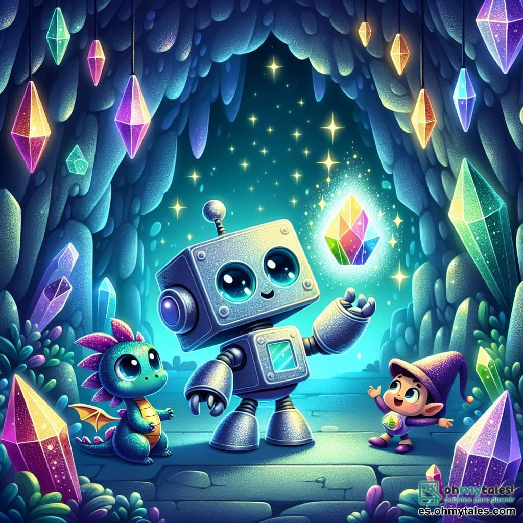 Ilustración que representa a un pequeño robot cuadrado y metálico, con ojos redondos y brillantes, lleno de curiosidad y emoción. Se encuentra en el centro de una caverna misteriosa, con los brazos levantados, sosteniendo un cristal luminoso que emite destellos de colores vivos. A su lado, un pequeño dragón con escamas brillantes de azul y verde, con alas translúcidas, mira el cristal con asombro y alegría. Un duende travieso, con un sombrero puntiagudo y una sonrisa pícara, está cerca, con las manos en las caderas, mostrando una expresión de orgullo y entusiasmo. El lugar principal es una caverna mágica, con paredes brillantes de piedras preciosas, donde luces bailan como estrellas. Cristales de todos los colores iluminan el espacio, creando una atmósfera de cuento de hadas. La situación principal muestra al pequeño robot descubriendo el Cristal de la Esperanza, símbolo de magia y esperanza, rodeado de sus amigos, listos para restaurar la magia en su mundo. Elementos adicionales incluyen destellos de luz que emanan del cristal, sombras danzantes en las paredes de la caverna y una atmósfera vibrante que evoca aventura y amistad.