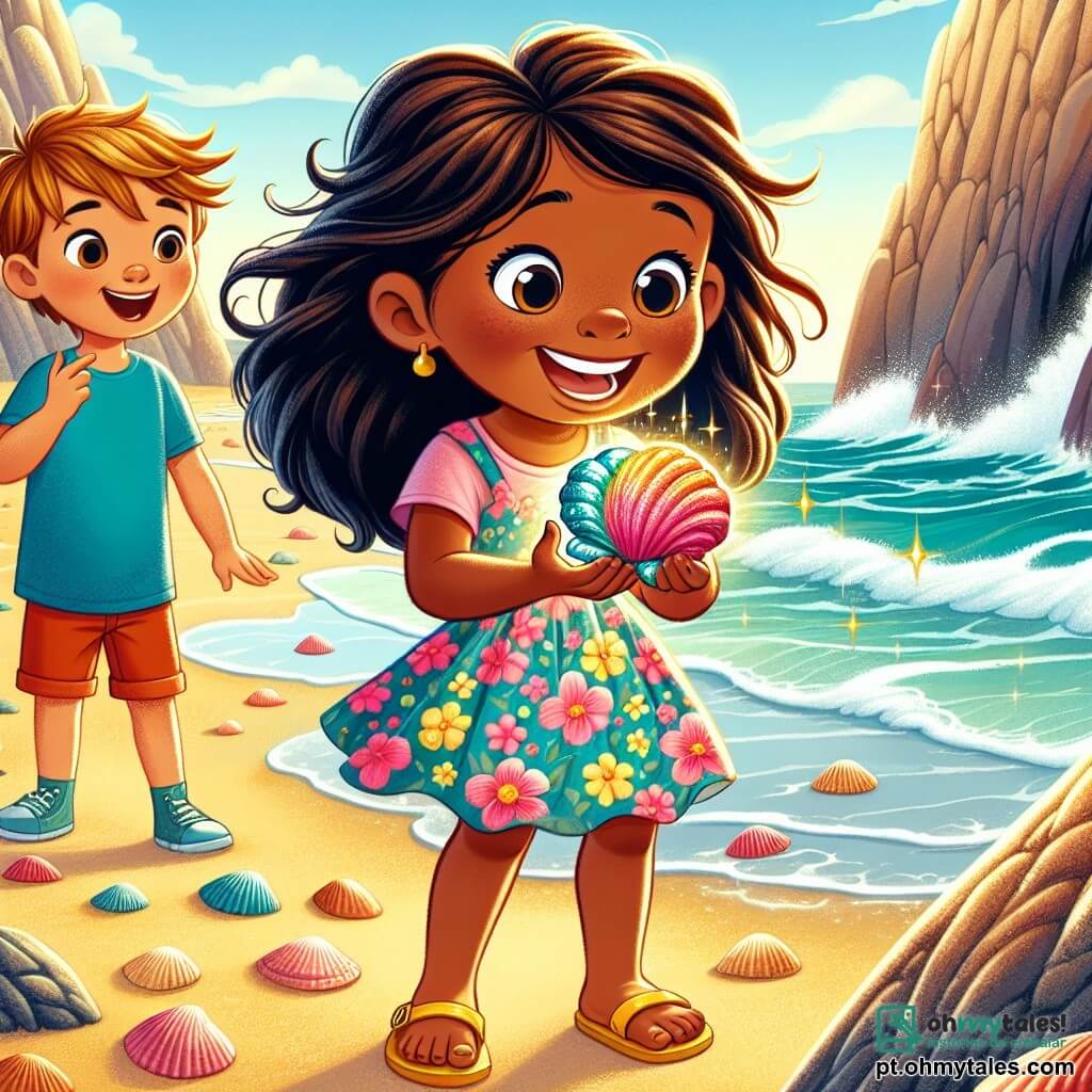 Uma menina de 6 anos, Lúcia, está na praia, com os olhos brilhando de excitação e um grande sorriso no rosto. Ela tem longos cabelos castanhos, um vestido colorido de flores e sandálias amarelas. Na mão, segura uma concha colorida que brilha ao sol. Ao lado dela, seu amigo Pedro, um menino de 6 anos com cabelos loiros bagunçados e uma camiseta azul, observa a concha com admiração. Ana, outra amiga de 6 anos, com cabelos castanhos e usando uma saia rosa, se aproxima apontando para as rochas, ansiosa para descobrir o mistério. A cena acontece em uma praia ensolarada, com areia dourada, ondas suaves e conchas espalhadas. Ao fundo, majestosas rochas escondem uma caverna misteriosa. Lúcia, Pedro e Ana estão planejando uma aventura para descobrir a origem da concha mágica que encontraram, cheios de excitação e espírito de investigação.
