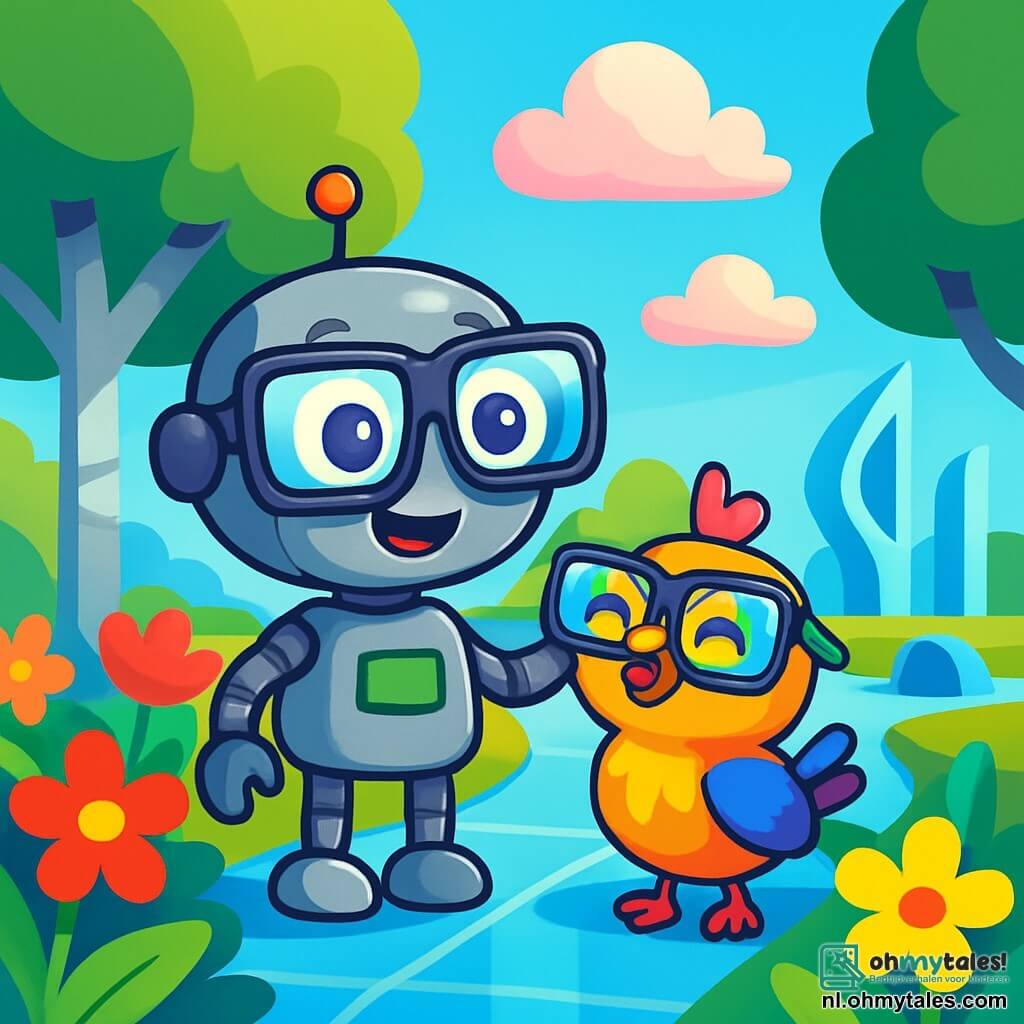 Een klein robotje genaamd Tikkie, met grote ronde ogen en een glanzende metalen huid, glimlacht verwonderd terwijl hij een glanzende Slimme Bril op zijn neus draagt. Hij staat in het midden van een futuristisch park, omringd door stralende bloemen in felle kleuren en grote bomen met zilveren stammen. Naast hem kijkt een klein vogeltje genaamd Fladder, met kleurrijke veren en een blije blik, door dezelfde glanzende bril en lacht van blijdschap. Het park is gevuld met glinsterende glazen paden en moderne sculpturen, met snoepvormige wolken die in een heldere blauwe lucht drijven. Tikkie en Fladder ontdekken samen de schoonheid van hun omgeving, verwonderd door de heldere kleuren van de natuur om hen heen.