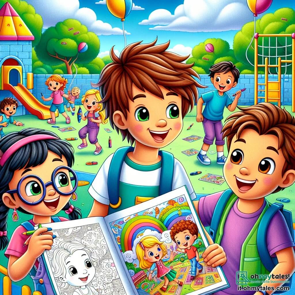 In un cortile scolastico colorato, vediamo tre personaggi principali. Luca, un ragazzo di 10 anni con i capelli castani arruffati e un sorriso splendente, si trova al centro, tenendo un grande libro da colorare. Alla sua destra, Marco, un altro ragazzo di 10 anni con occhiali rotondi e capelli biondi, ride gioiosamente mostrando un disegno che ha appena realizzato. A sinistra, Marta, una ragazza di 9 anni con capelli neri intrecciati e una maglietta viola, osserva con curiosità il disegno di Marco, gli occhi pieni di entusiasmo. Il cortile è pieno di colori vivaci: muri dipinti di blu e giallo, giochi all'aperto e alberi verdi che danzano al vento. I tre bambini condividono i loro disegni e ridono insieme, illustrando la gioia e l'eccitazione del ritorno a scuola, mentre scoprono l'amicizia e la creatività nella loro nuova scuola.