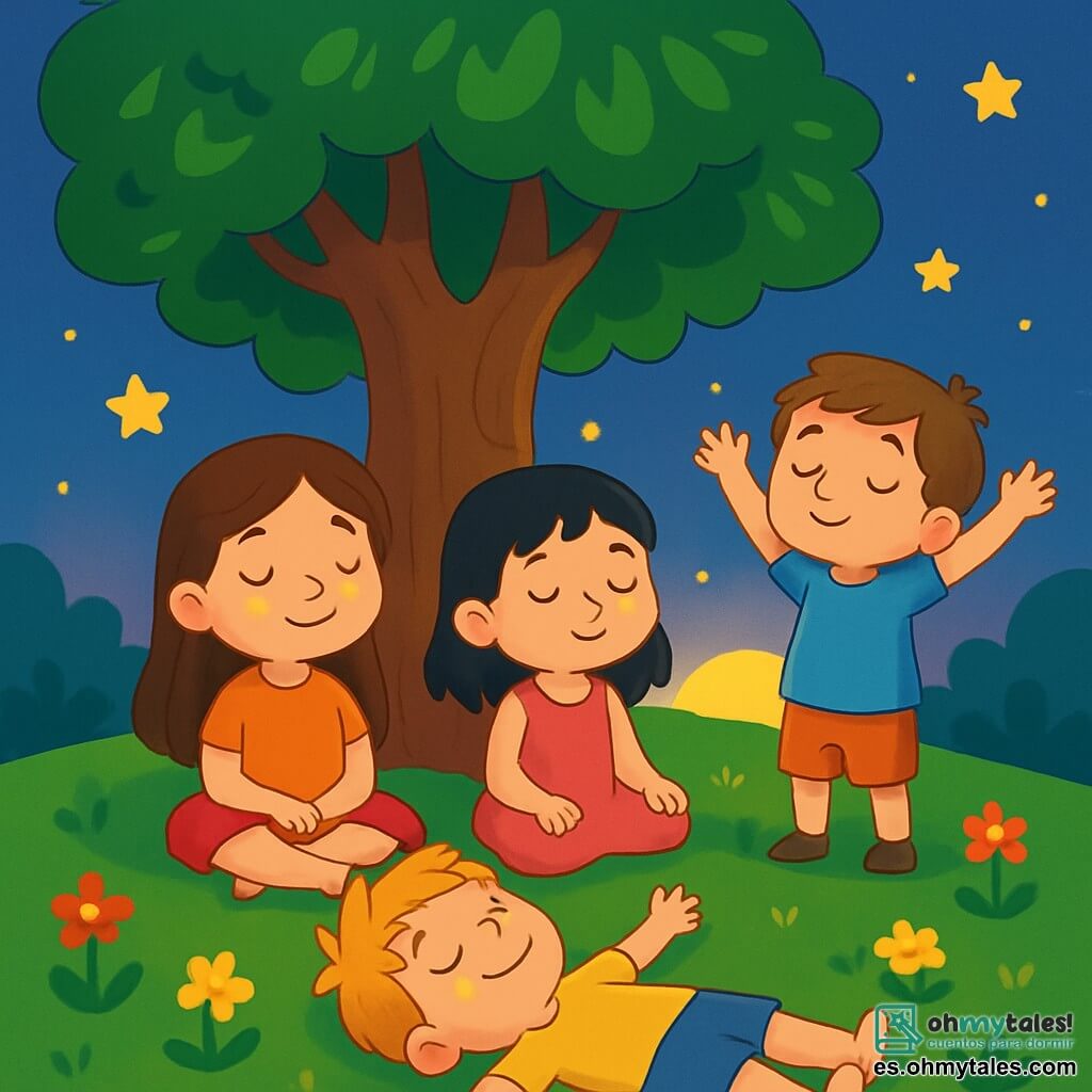 Hay 4 niños: - Léa: una niña de 5 años, con cabello largo y castaño y ojos brillantes. Está sentada en el suelo bajo el árbol, con una sonrisa suave en el rostro, las manos en las rodillas. - Tom: un niño de 4 años, con cabello rubio desordenado y pecas. Está acostado de espaldas, con los brazos extendidos, mirando las estrellas brillantes arriba. - Maya: una niña de 5 años, con cabello negro y un bonito vestido rosa. Está sentada al lado de Léa, con los ojos cerrados, respirando profundamente como el sol les ha enseñado. - Lucas: un niño de 4 años, con cabello castaño y una camiseta azul. Está de pie, con los brazos levantados hacia el cielo, imitando las ramas del gran árbol. El lugar es un jardín mágico, con un gran árbol de hojas verdes brillantes y un tronco nudoso. Estrellas brillantes bailan en el cielo nocturno, y una suave luz dorada emana del sol poniente en el horizonte. El suelo está cubierto de un césped mullido, salpicado de flores coloridas. La situación principal muestra a los niños respirando profundamente, con los ojos cerrados, rodeados por la magia de la noche. Se relajan, inhalando el aire fresco y suave, mientras el árbol los protege con sus ramas acogedoras.