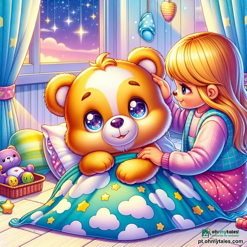 Um adorável ursinho de pelúcia, chamado Bento, está deitado em uma cama aconchegante, com um rosto sorridente e olhos brilhantes de doçura. Suas pequenas orelhas redondas estão levemente inclinadas, e ele está envolto em um cobertor macio com padrões de nuvens. Ao seu lado, sua mãe, uma ursa suave e carinhosa, está sentada na beirada da cama. Ela tem um sorriso caloroso e olhos brilhantes de ternura, enquanto acaricia suavemente a cabeça dele. A cena ocorre em um quarto tranquilo, banhado pela luz prateada da lua que filtra através de uma janela adornada com cortinas leves. Estrelas cintilam do lado de fora, e brinquedos coloridos estão espalhados pelo chão de madeira clara. Bento e sua mãe estão respirando profundamente juntos, criando uma atmosfera de calma e serenidade, enquanto ondas de doçura parecem envolvê-los, convidando a um sono pacífico.