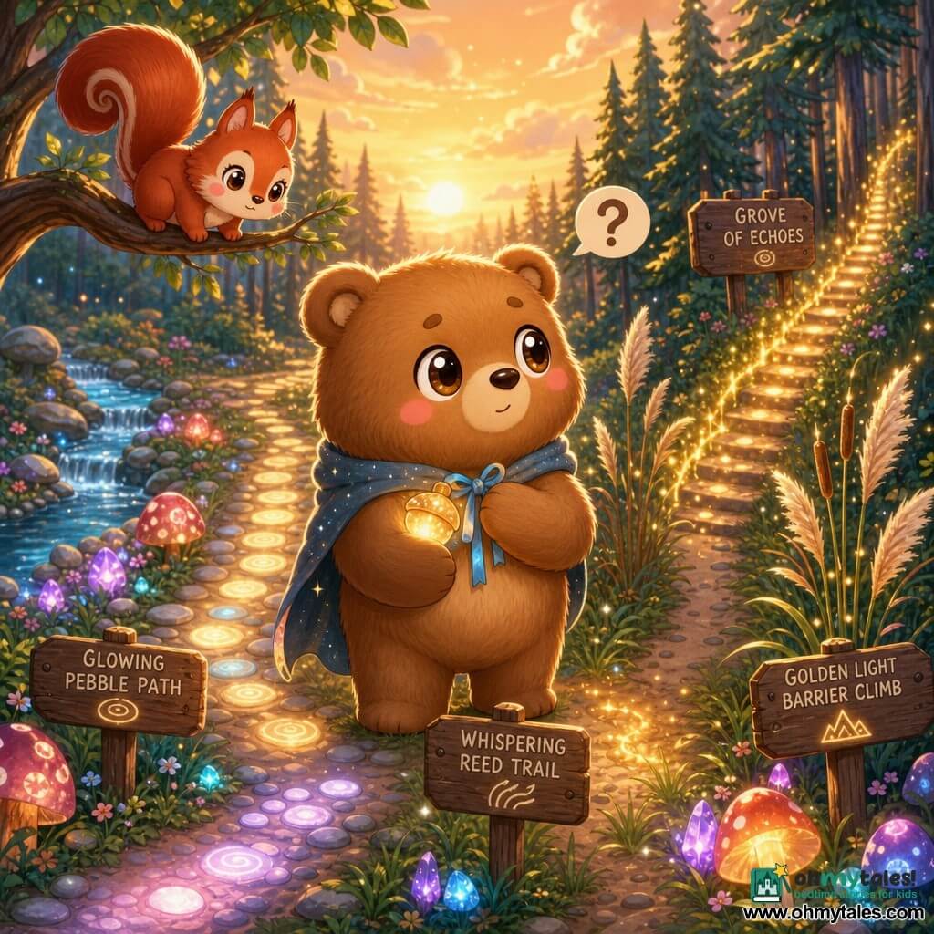 A large caramel-brown bear with round shiny eyes and pink cheeks holds an acorn-shaped bell carved from moonlight on a pale blue ribbon and slips it into an invisible pocket in his fur coat; a cheeky red squirrel with a question-mark tail perches on a branch above smiling at the bell; colorful mushrooms and sparkling stones border a clear stream to the left, thin pines form a dark edge to the right, and the ground splits into three paths—a bright pebble way, a whispering reed track, and a rise of golden light barriers—while a late-afternoon sky casts orange rays and long shadows as the hesitant bear stands at the crossroads ready to head to the Grove of Echoes in a warm, magical scene with saturated colors and soft edges.