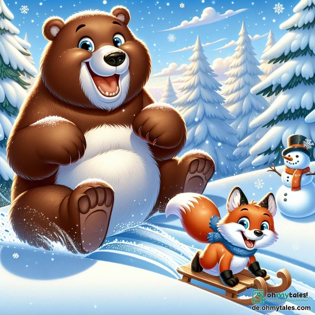 Ein großer Braunbär mit dickem, weichem Fell steht fröhlich auf einem verschneiten Hügel, seine Augen strahlen vor Glück, während er auf einem Holzschlitten rutscht und ein breites Lächeln auf seinem Gesicht hat. Neben ihm lacht ein schlauer Fuchs mit leuchtend orangefarbenem Fell und buschigem Schwanz, seine Augen funkeln vor Schalk, während er einen kleinen Schneemann schiebt, den er gerade gebaut hat. Im Hintergrund ist ein majestätischer Wald mit einer dicken Schicht glitzernden Schnees bedeckt, die Bäume sind mit weißen Flocken beladen und der Himmel strahlt in einem leuchtenden Blau, durchzogen von fluffigen Wolken. Die Szene zeigt einen Moment puren Glücks, in dem der Bär und der Fuchs gemeinsam Spaß haben und die Freuden des Winters beim Rutschen und Spielen im Schnee genießen.