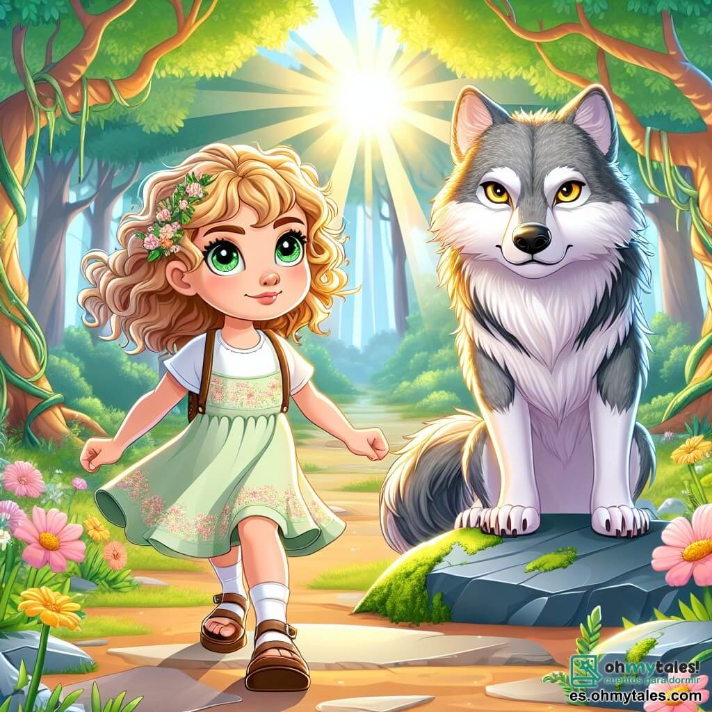 En el centro de la imagen se encuentra Clara, una niña de 8 años con cabello dorado rizado y ojos verdes brillantes. Muestra una expresión de valentía y curiosidad, avanzando con determinación en un claro soleado del bosque. Lleva un vestido ligero con flores y sandalias, con los brazos ligeramente extendidos como si estuviera lista para explorar. A su derecha está el Gran Lobo Feroz, un lobo majestuoso de pelaje gris plateado, con ojos amarillos penetrantes que brillan con inteligencia. Observa a Clara con una mezcla de sorpresa y admiración, sentado sobre una gran piedra cubierta de musgo. El escenario es un hermoso claro del bosque encantado, con altos árboles de hojas verdes, flores coloridas que bailan al viento y rayos de sol que atraviesan las ramas, creando juegos de luz en el suelo. La situación principal muestra a Clara y al Gran Lobo Feroz mirándose, Clara con una expresión decidida y el lobo con una expresión intrigada, simbolizando el inicio de su amistad inesperada y el intercambio de sus historias.